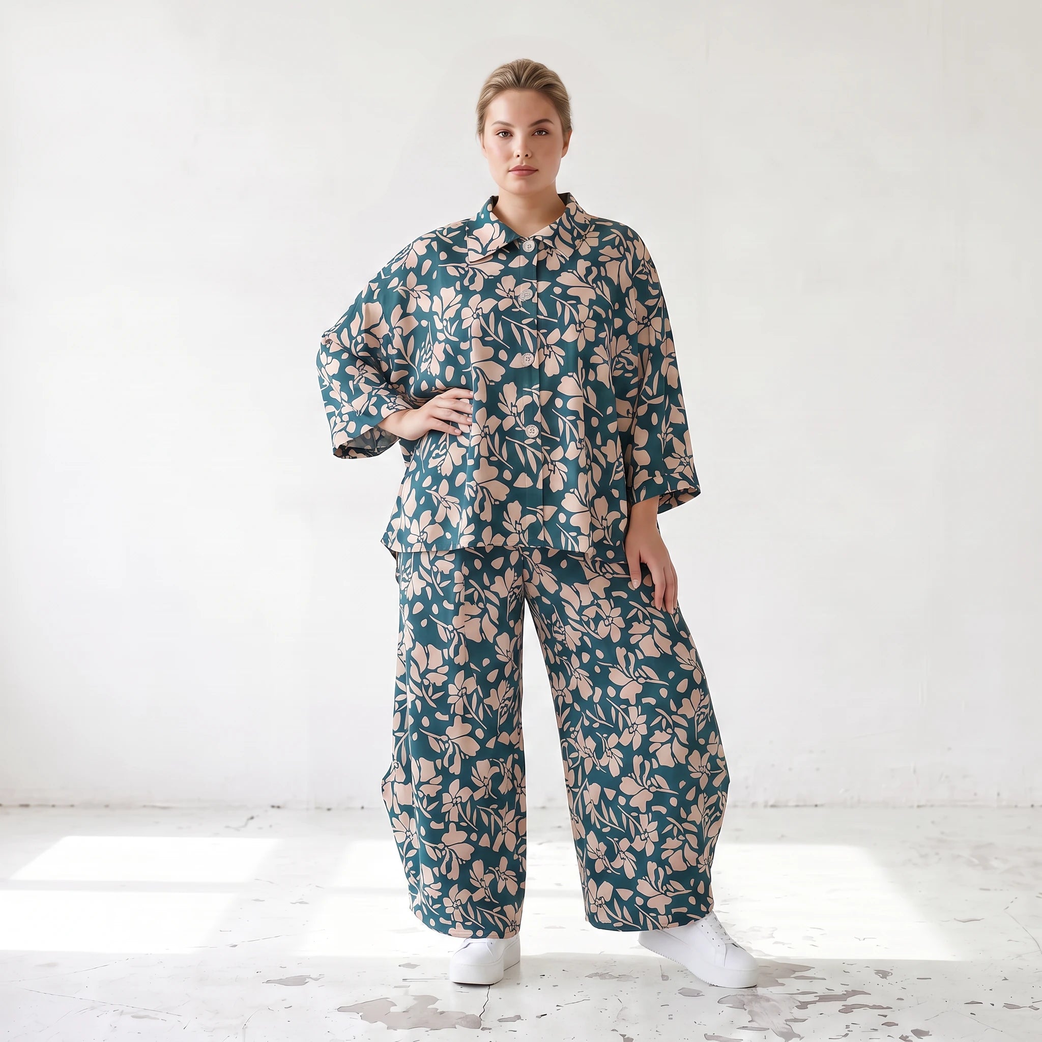 Damen Hose Lagenlook Viskose Petrol/Rose, Ballonschnitt, Elastikbund, Oversize große Größen – AKH Fashion