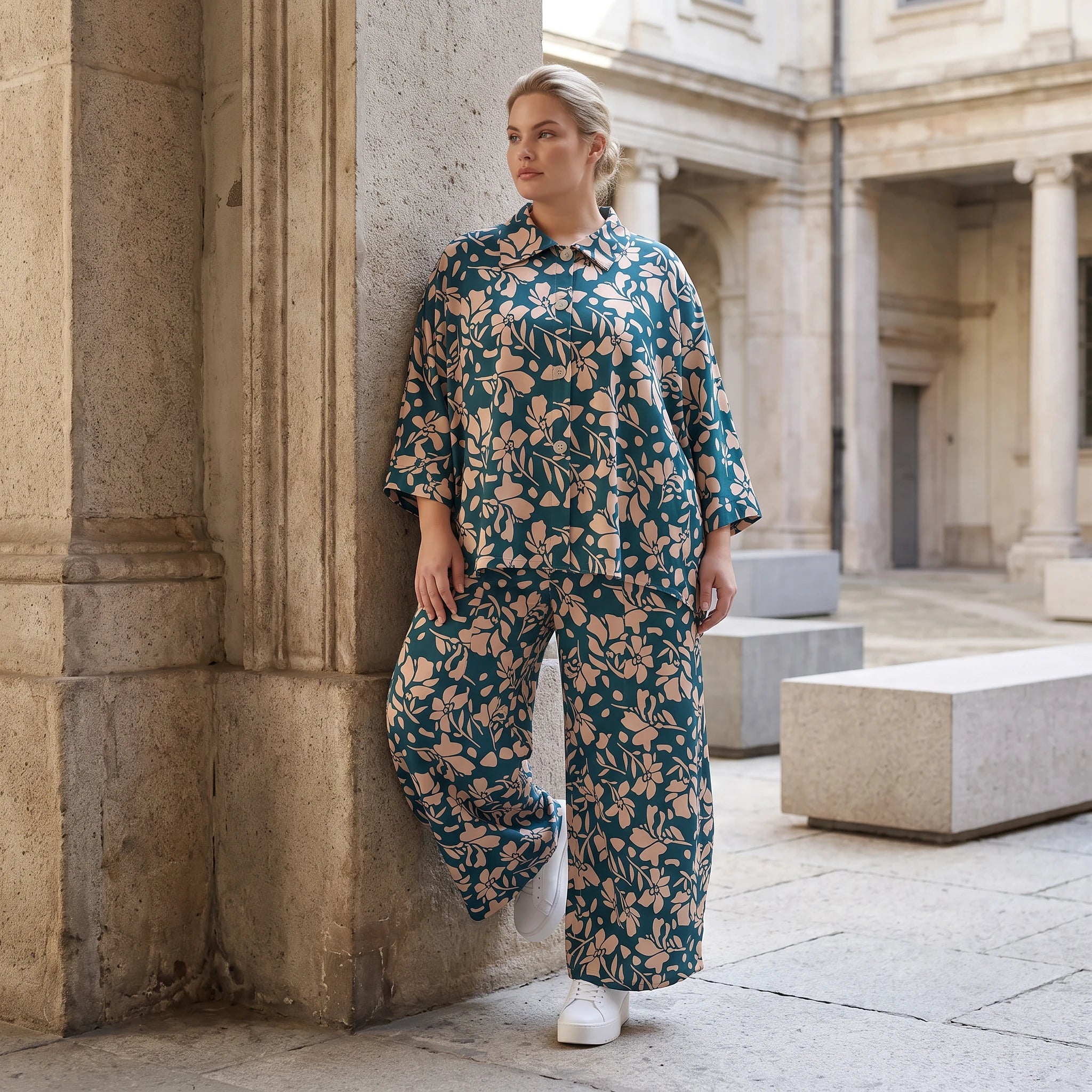 Damen Hose Lagenlook Viskose Petrol/Rose, Ballonschnitt, Elastikbund, Oversize große Größen – AKH Fashion