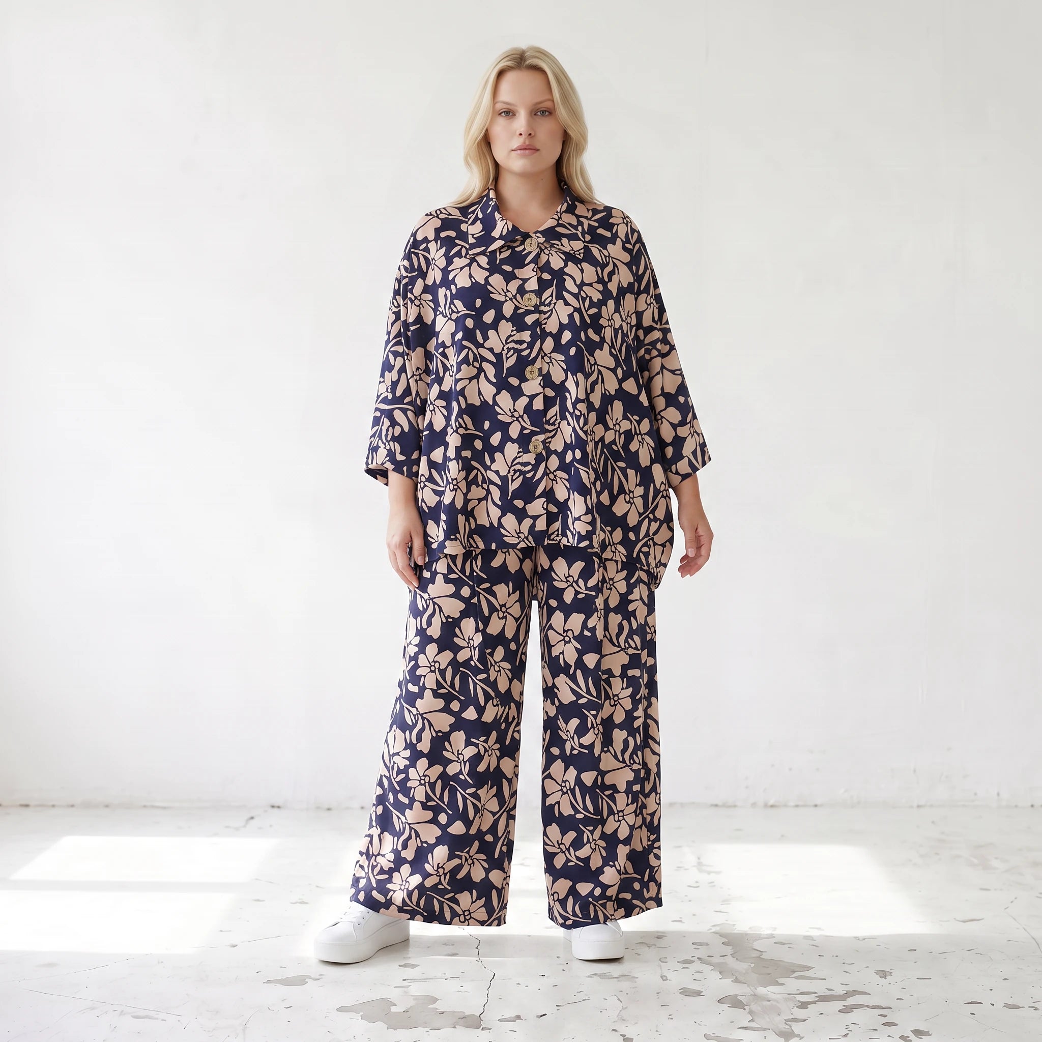 Damen Hose Lagenlook Viskose Marine/Rose, Ballonschnitt, Elastikbund, Oversize große Größen – AKH Fashion