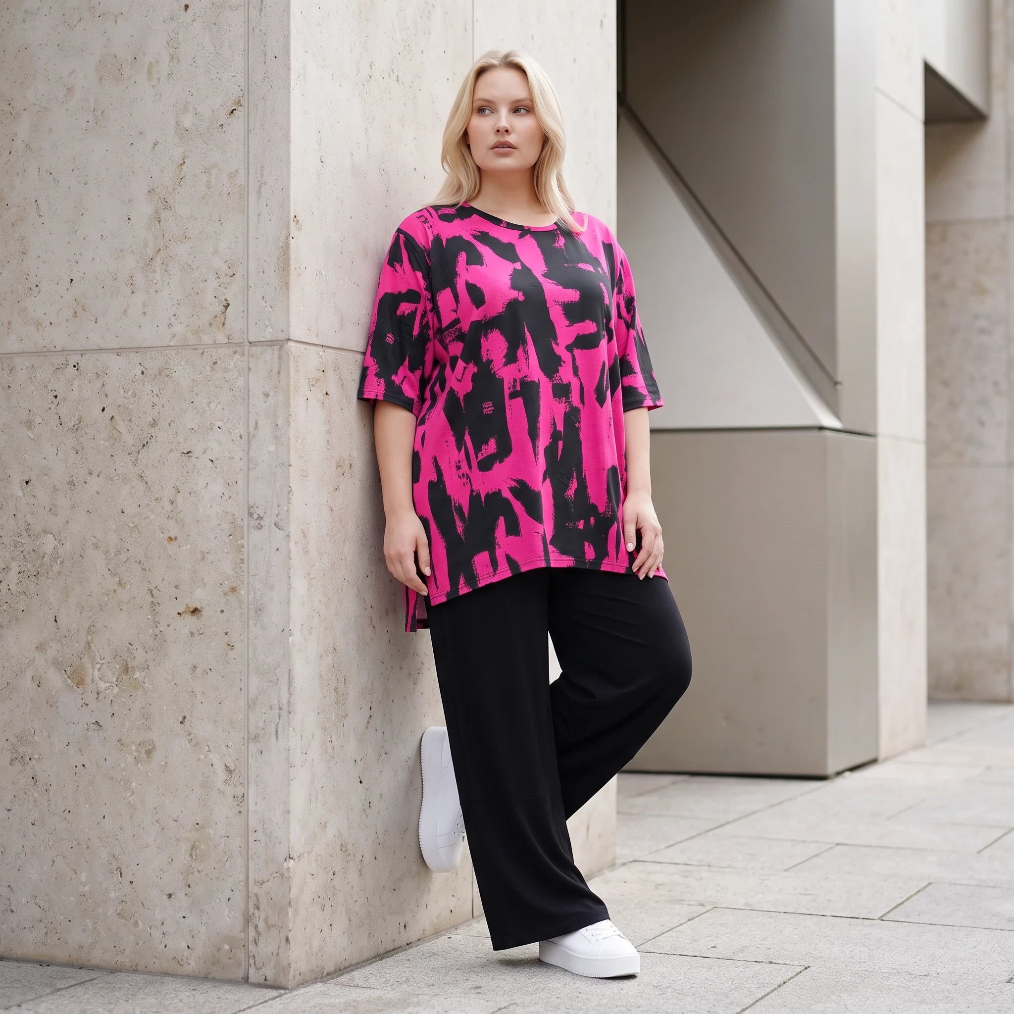 Damen Shirt Lagenlook Baumwolle Pink/Schwarz, A-Linie, Kurzarm, Seitenschlitze, Oversize große Größen – Funky Diva