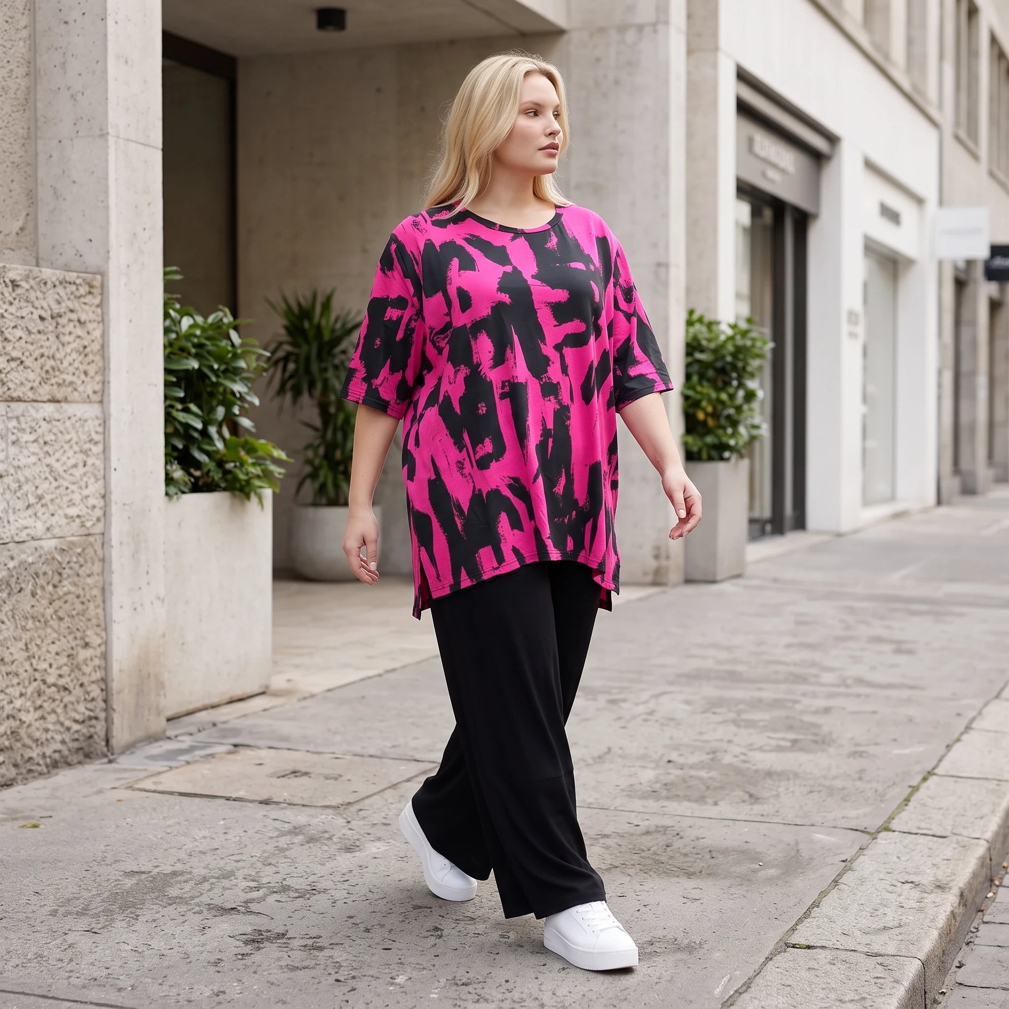Damen Shirt Lagenlook Baumwolle Pink/Schwarz, A-Linie, Kurzarm, Seitenschlitze, Oversize große Größen – Funky Diva