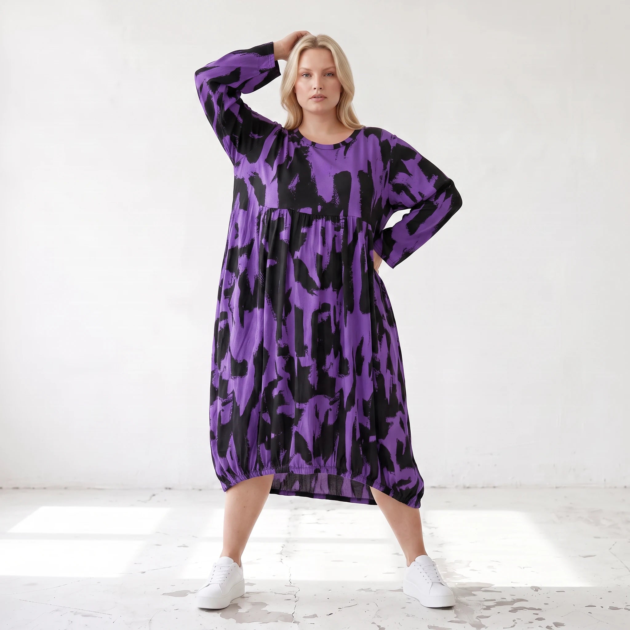 Damen Kleid Lagenlook Baumwolle Schwarz/Violett, Ballonform, Langarm, Flügeltaschen, Oversize große Größen – Funky Diva