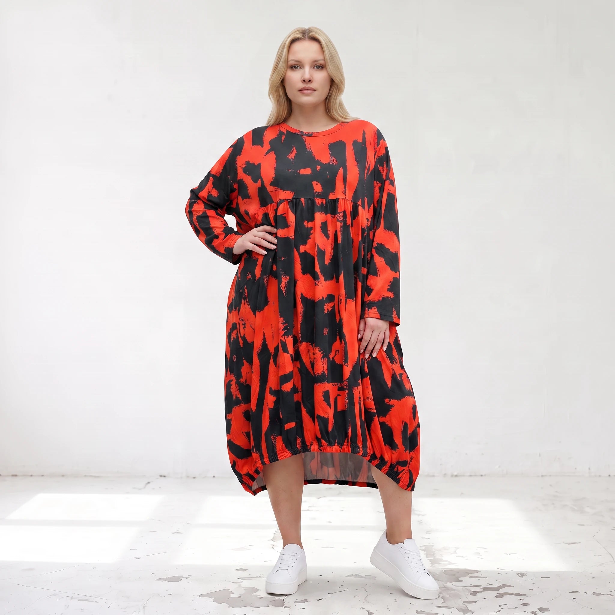 Damen Kleid Lagenlook Baumwolle Rot/Schwarz, Ballonform, Flügeltaschen, Oversize große Größen – Funky Diva