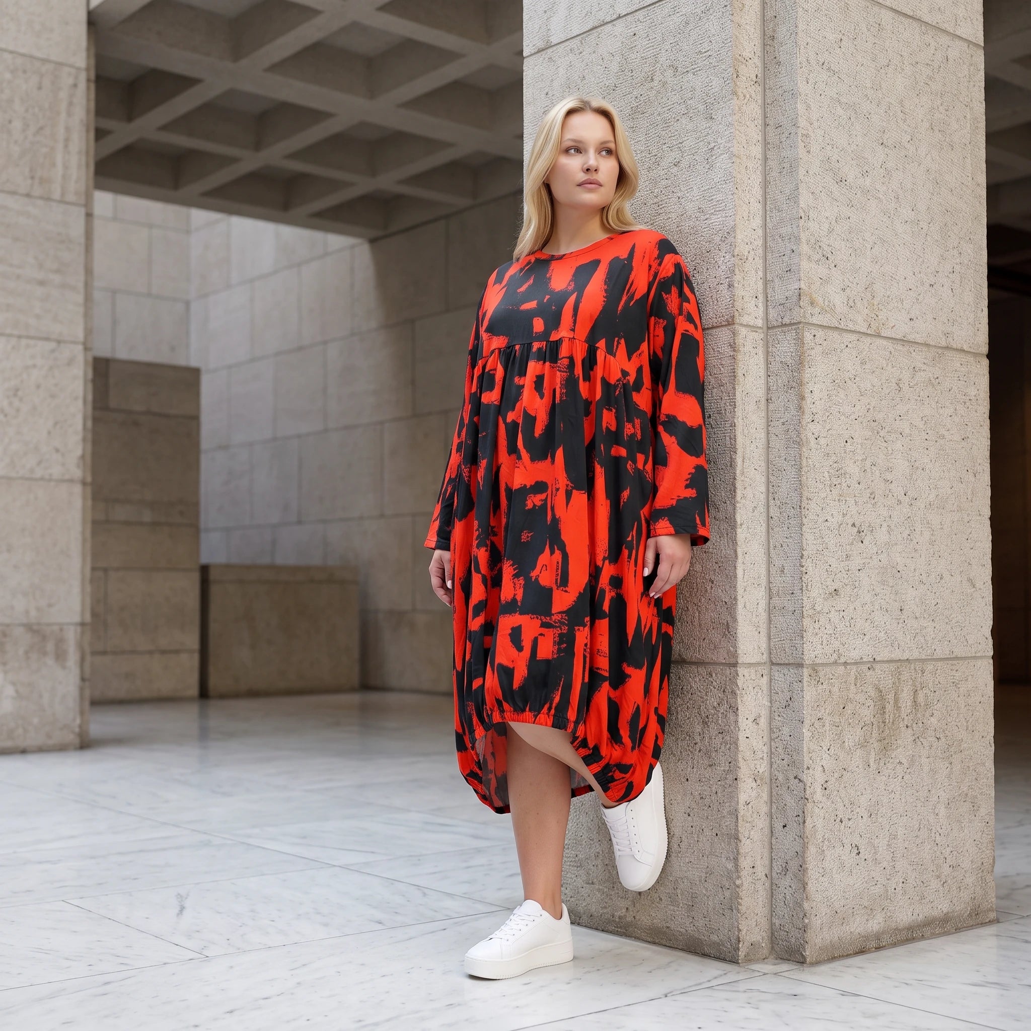 Damen Kleid Lagenlook Baumwolle Rot/Schwarz, Ballonform, Flügeltaschen, Oversize große Größen – Funky Diva