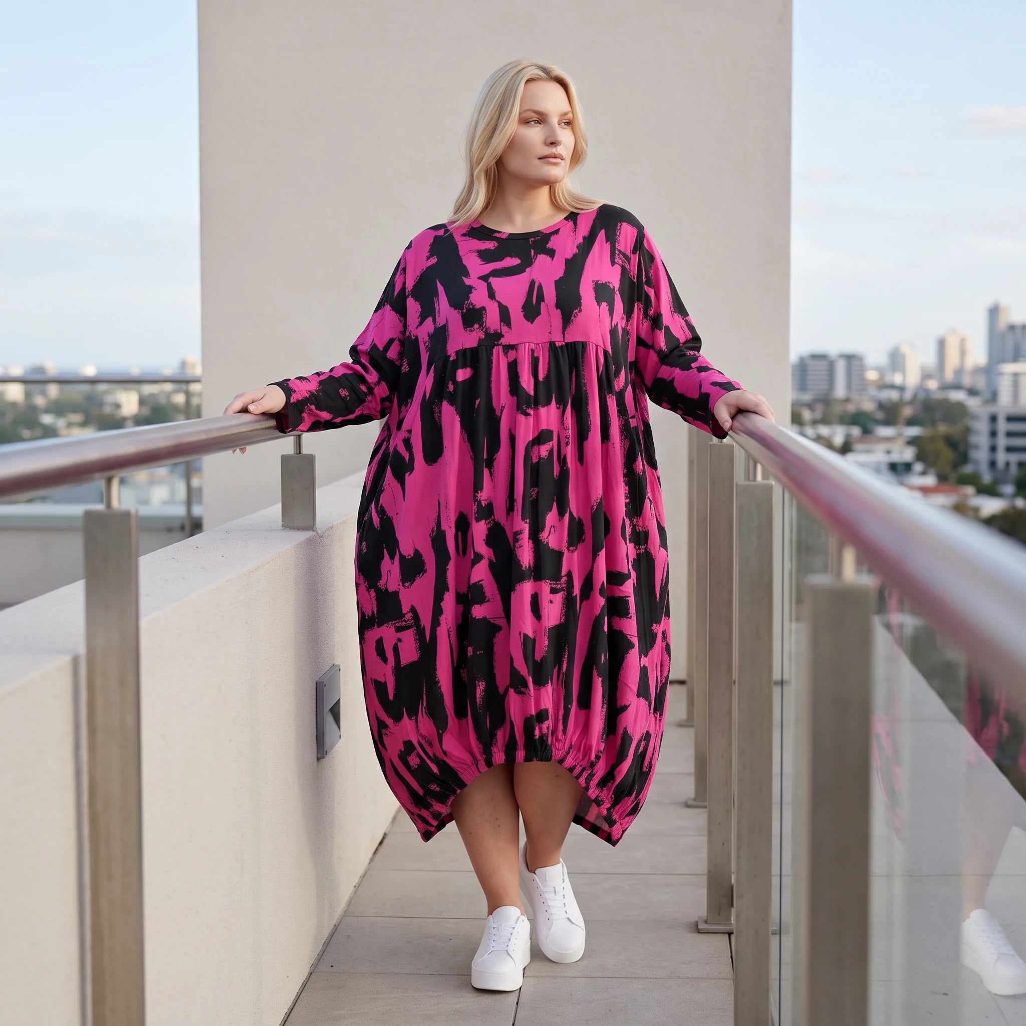 Damen Kleid Lagenlook Baumwolle Pink/Schwarz, Ballonform, Elastikbund, Oversize große Größen – Funky Diva