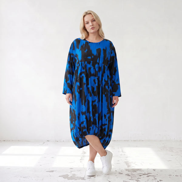 Damen Kleid Lagenlook Baumwolle Blau/Schwarz, Ballonform, Flügeltaschen, Oversize große Größen – Funky Diva