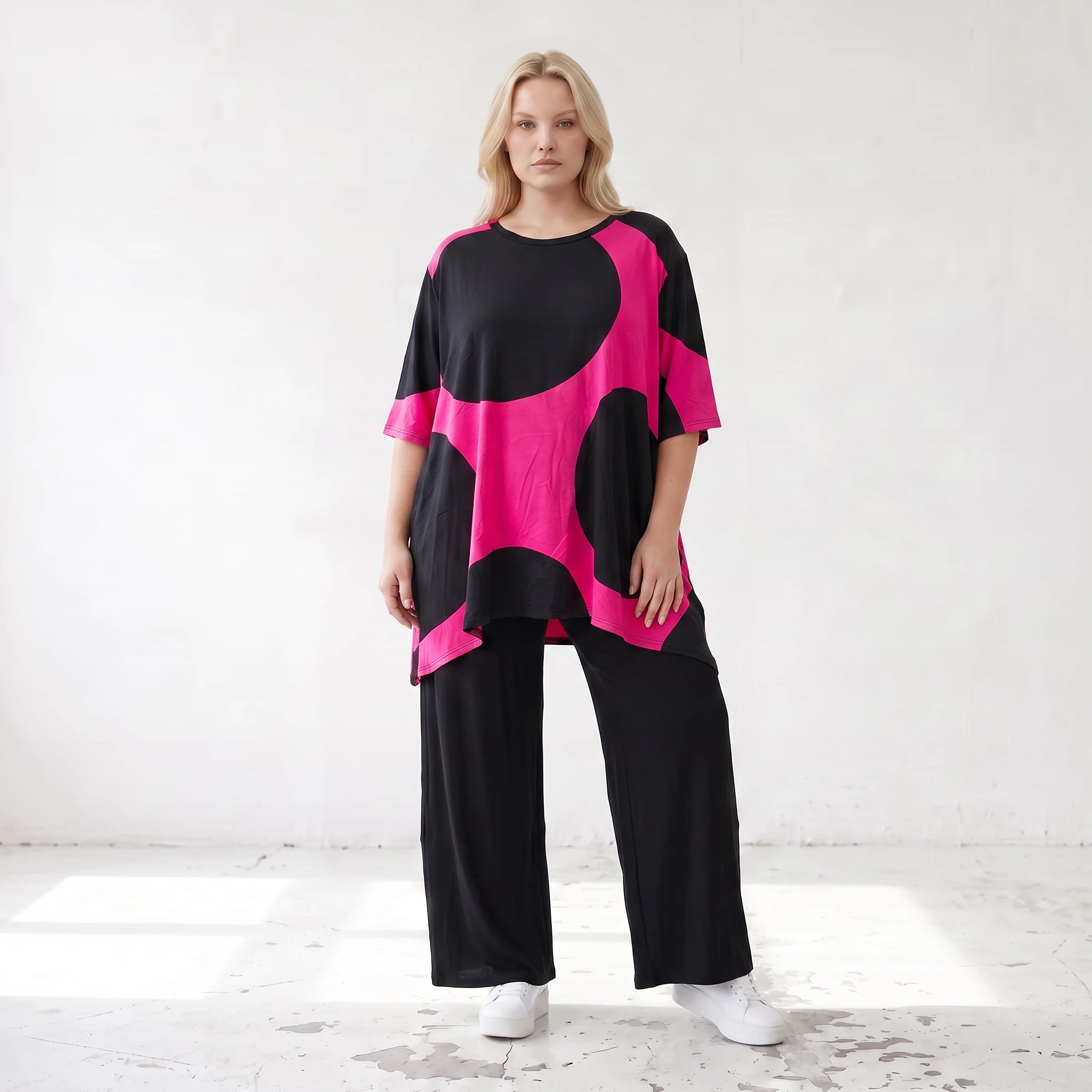 Damen Shirt Lagenlook Baumwolle Pink/Schwarz, A-Linie, Punkte, Kurzarm, Seitenschlitze, Oversize große Größen – Funky Diva