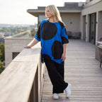Damen Shirt Lagenlook Baumwolle Blau/Schwarz, A-Linie, Punkte, Kurzarm, Oversize große Größen – Funky Diva