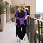 Damen Shirt Lagenlook Baumwolle Lila/Schwarz, A-Linie, Kurzarm, Seitenschlitze, Oversize große Größen – Funky Diva