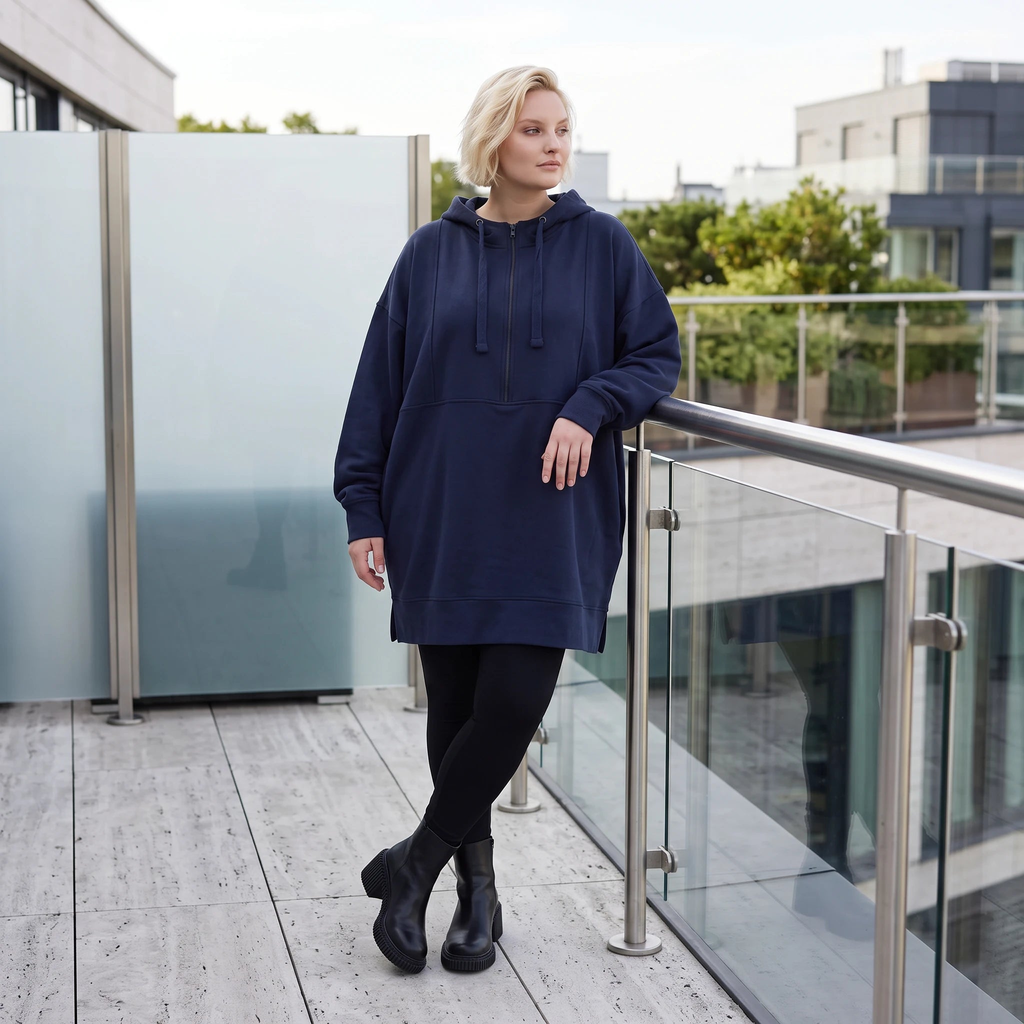 Damen Hoody Lagenlook Baumwolle Blau, gerader Schnitt, Kapuze, Oversize große Größen – Rafay