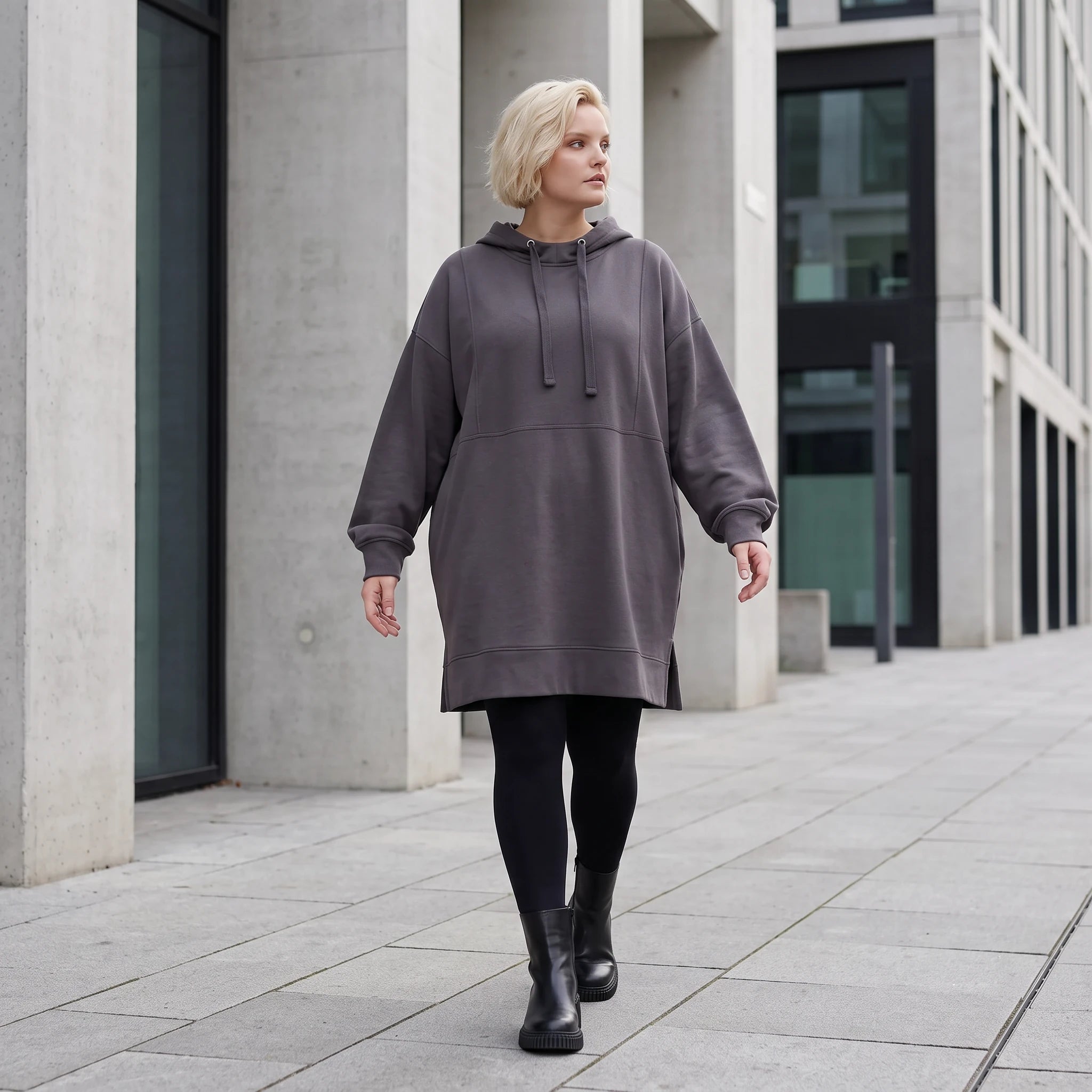 Damen Hoody Lagenlook Baumwolle Anthrazit, gerader Schnitt, Kapuze, Oversize große Größen – Rafay