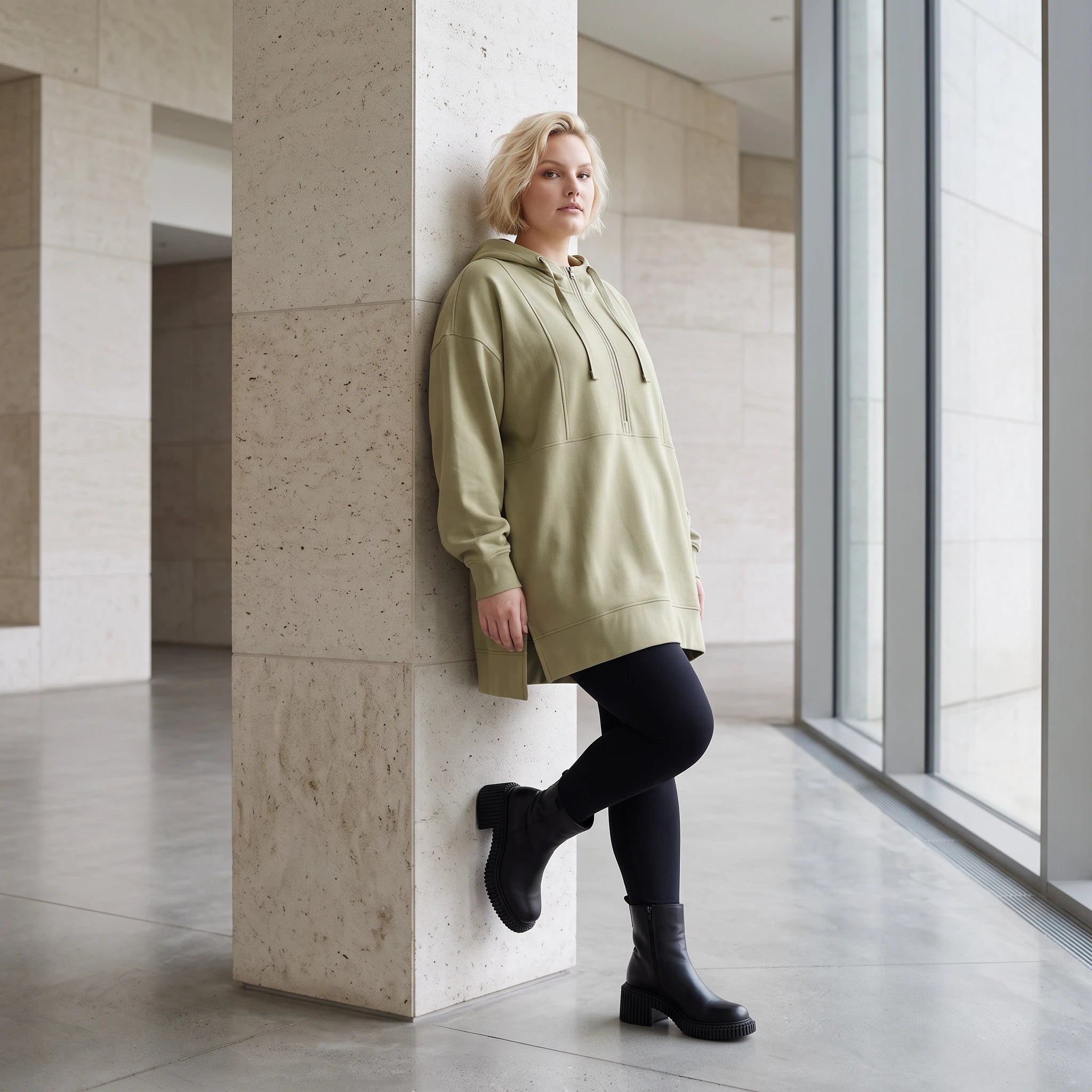 Damen Hoody Lagenlook Baumwolle Beige, gerade Form, Reißverschluss, Oversize große Größen – Rafay