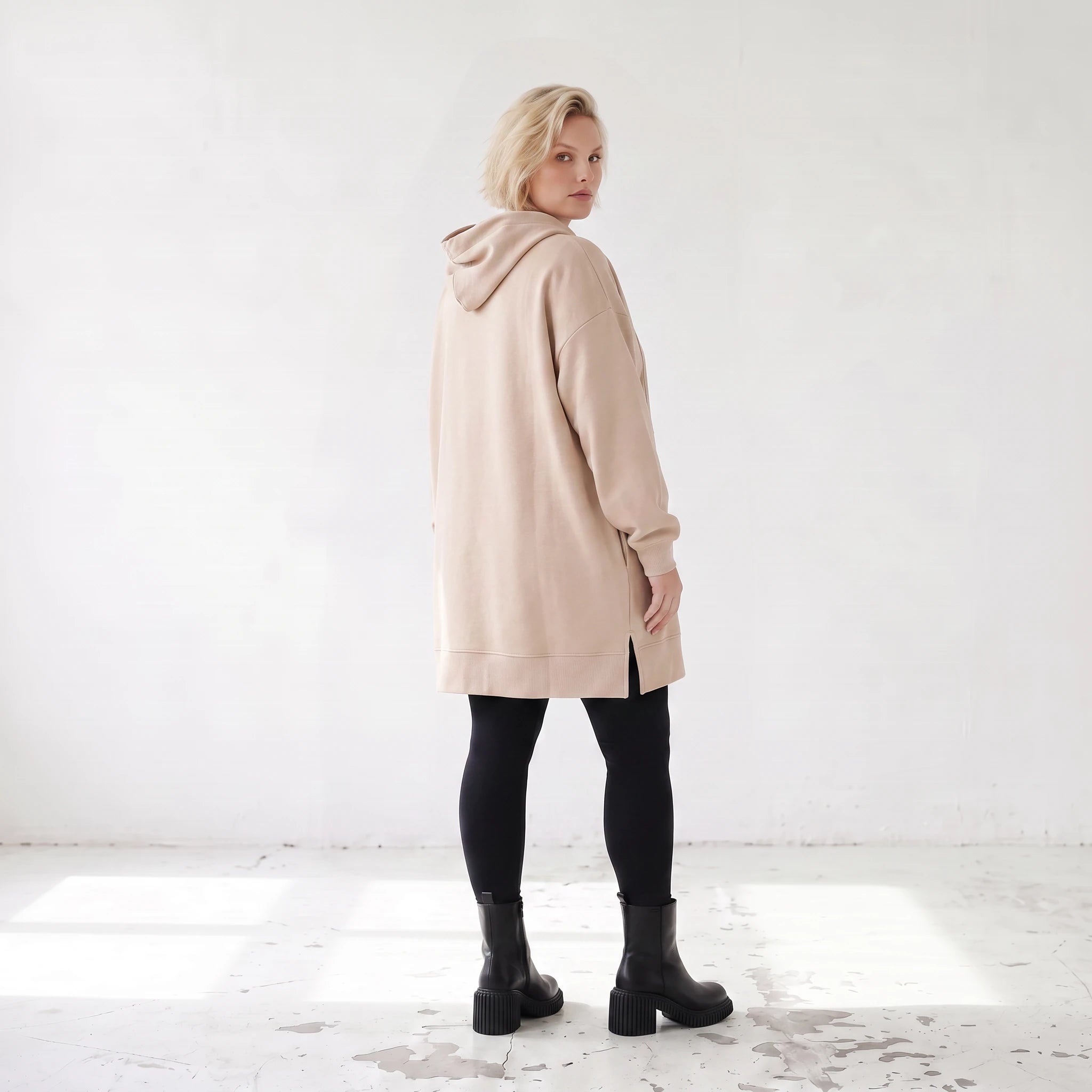 Damen Hoody Lagenlook Baumwolle Beige, gerader Schnitt, Kapuze, Oversize große Größen – Rafay