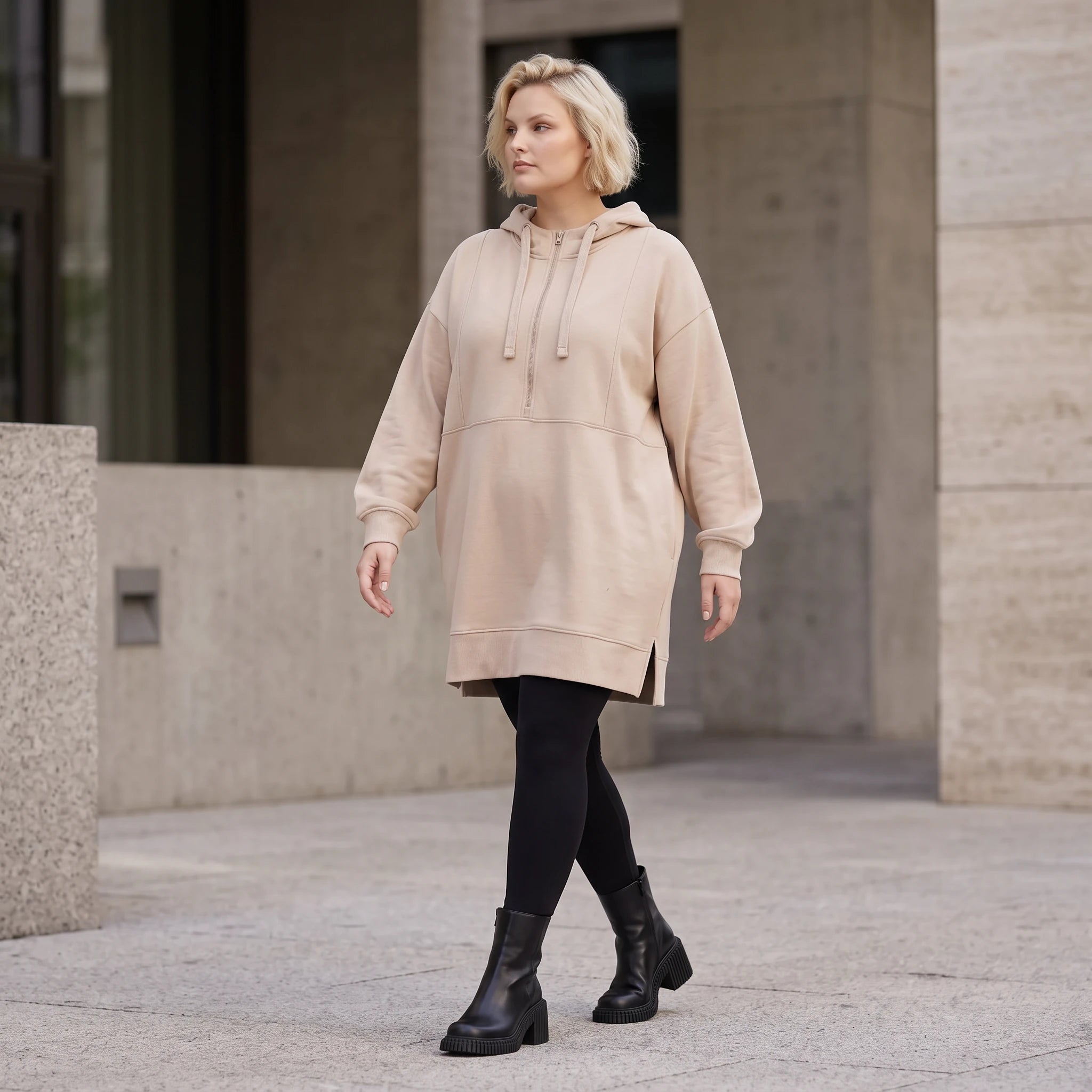 Damen Hoody Lagenlook Baumwolle Beige, gerader Schnitt, Kapuze, Oversize große Größen – Rafay