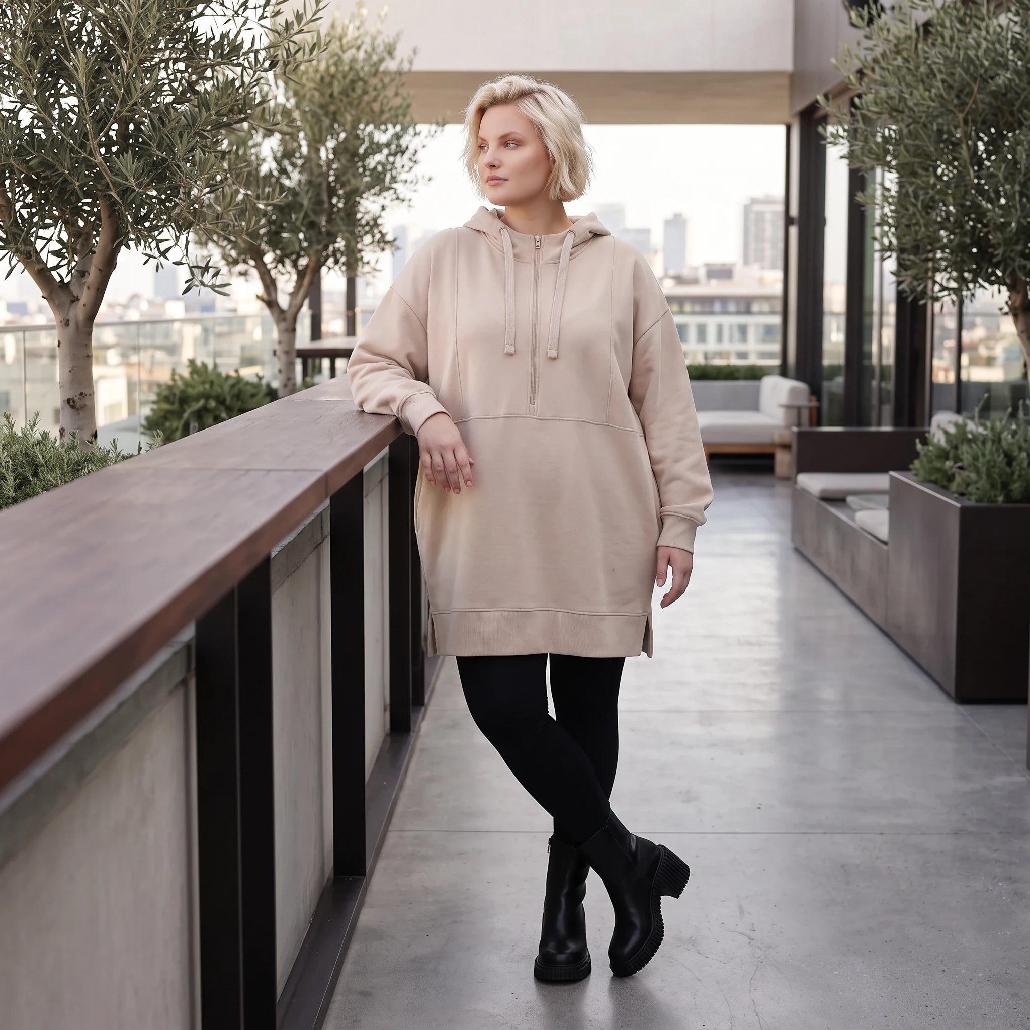 Damen Hoody Lagenlook Baumwolle Beige, gerader Schnitt, Kapuze, Oversize große Größen – Rafay