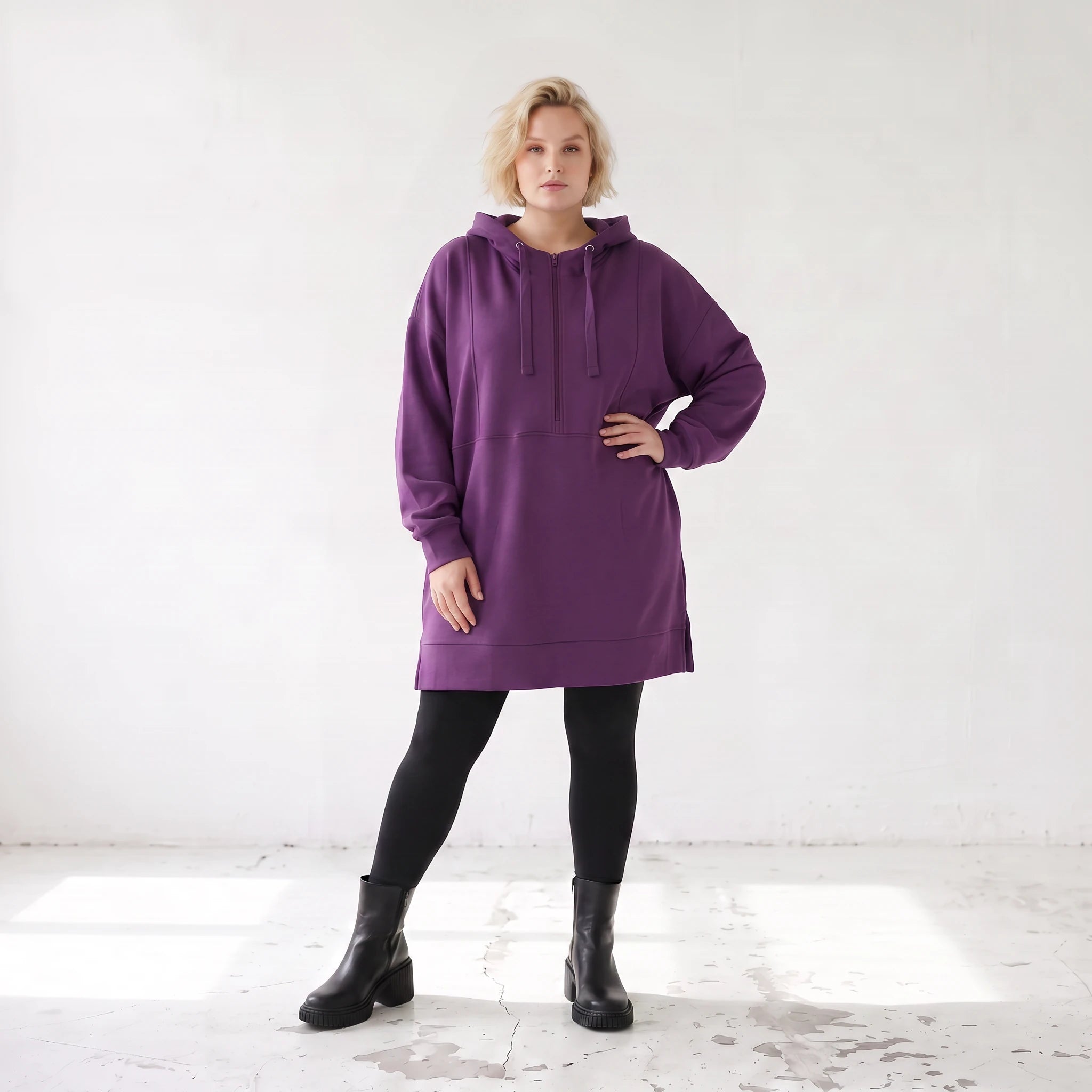 Damen Hoody Lagenlook Baumwolle Lila, gerader Schnitt, Reißverschluss, Oversize große Größen – Rafay
