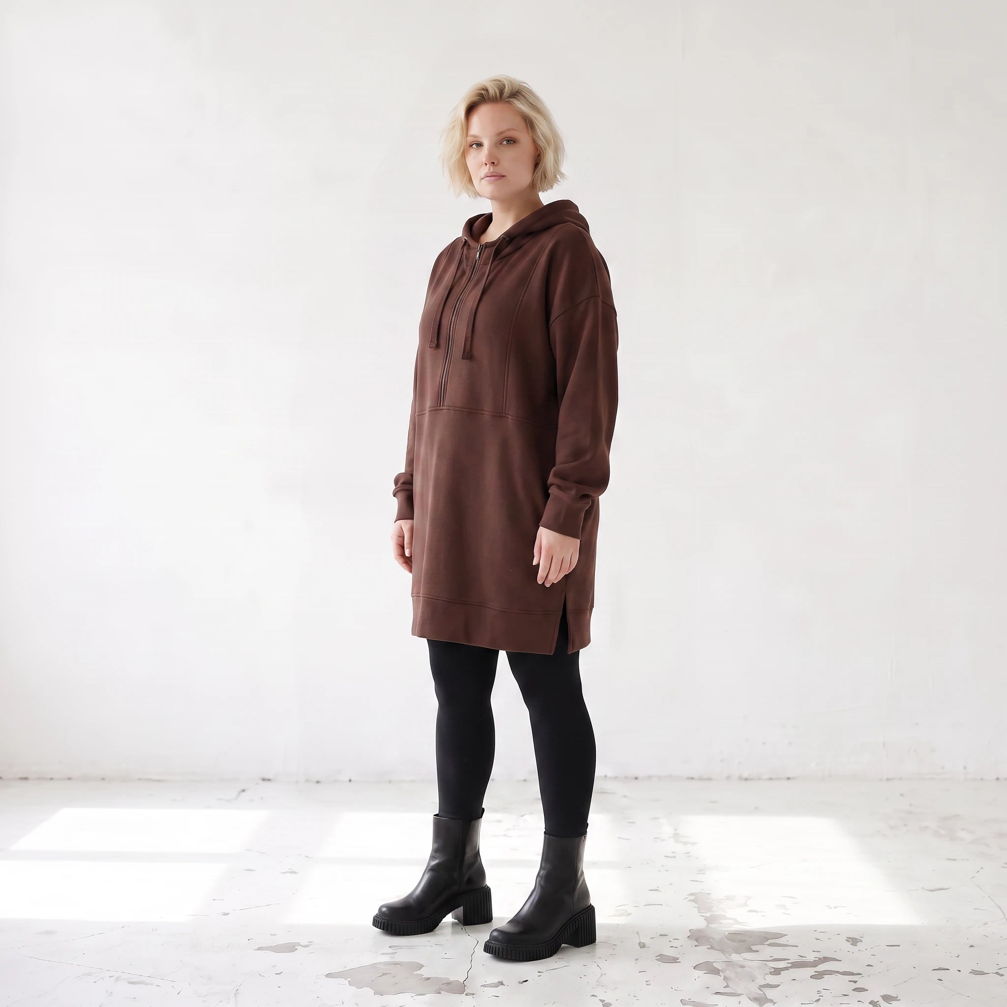 Damen Hoody Lagenlook Baumwolle Braun, gerader Schnitt, Reißverschluss, Oversize große Größen – Rafay