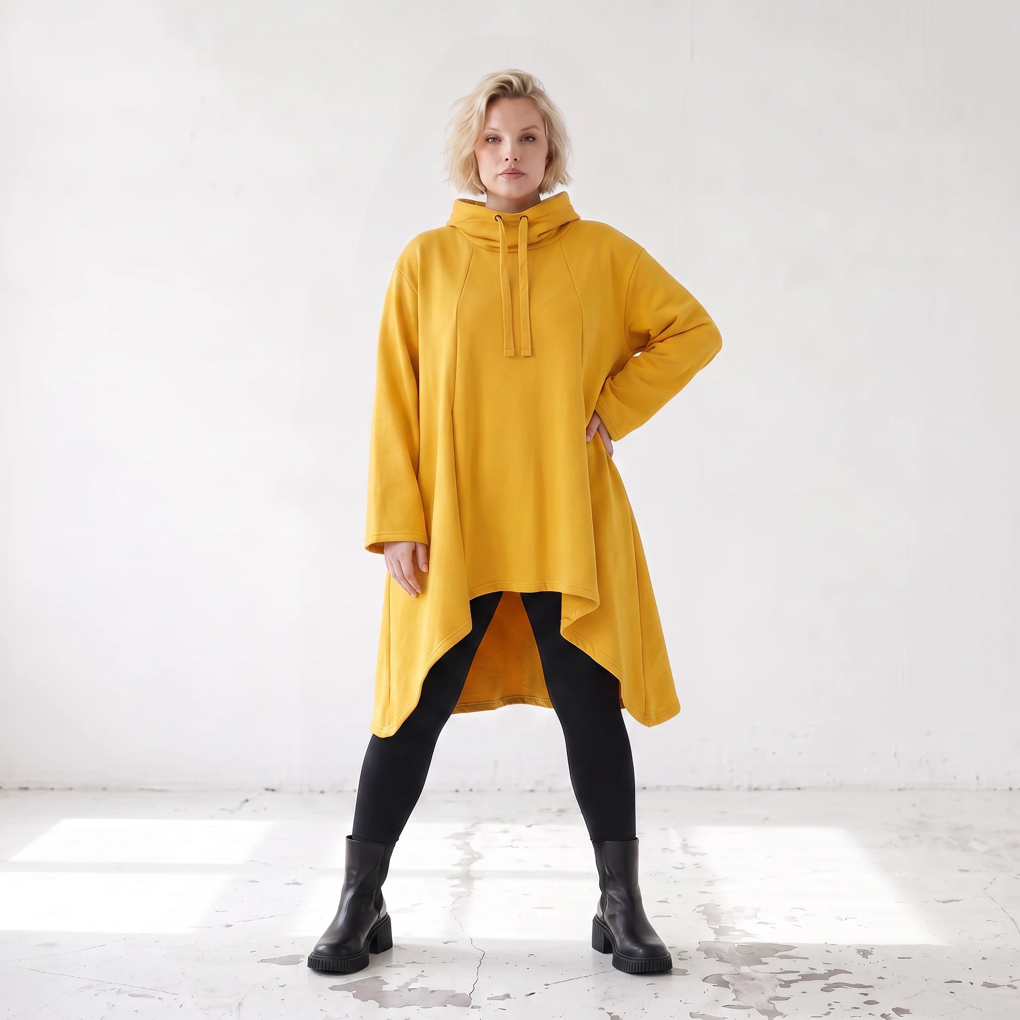 Damen Shirt Lagenlook Baumwolle Senfgelb, Vokuhila, Langarm, Daumenloch, Oversize große Größen – Rafay