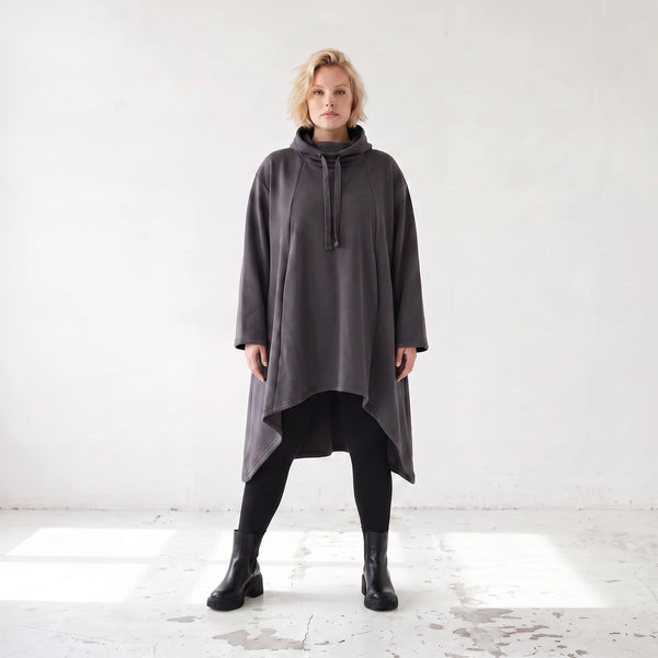 Damen Shirt Lagenlook Baumwolle Dunkelgrau, Vokuhila, Langarm, Daumenloch, Oversize große Größen – Rafay