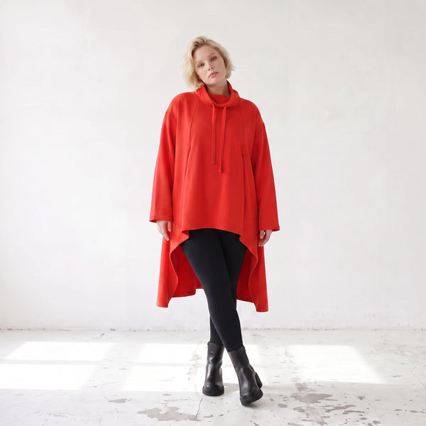 Damen Shirt Lagenlook Baumwolle Rot, Vokuhila, Langarm, Nahttaschen, Oversize große Größen – Rafay