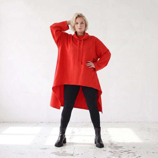 Damen Shirt Lagenlook Baumwolle Rot, Vokuhila, Langarm, Nahttaschen, Oversize große Größen – Rafay