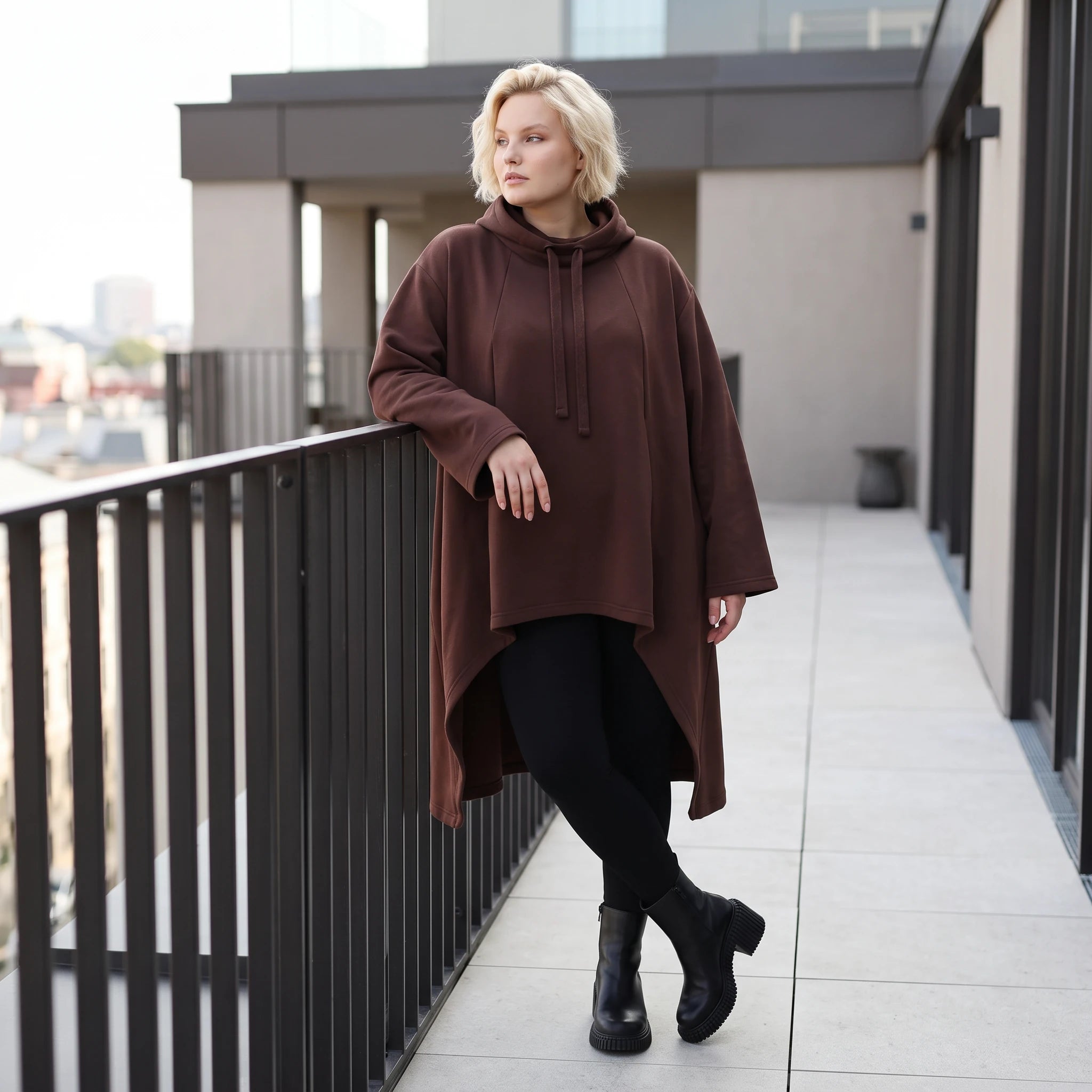 Damen Shirt Lagenlook Baumwolle Schokobraun, Vokuhila, Langarm, Daumenloch, Oversize große Größen – Rafay