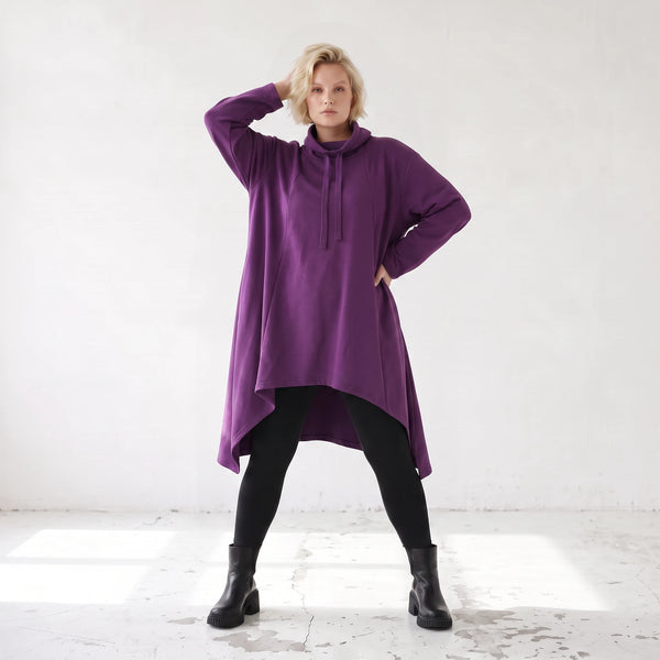 Damen Shirt Lagenlook Baumwolle Lila, Vokuhila, Langarm, Nahttaschen, Oversize große Größen – Rafay