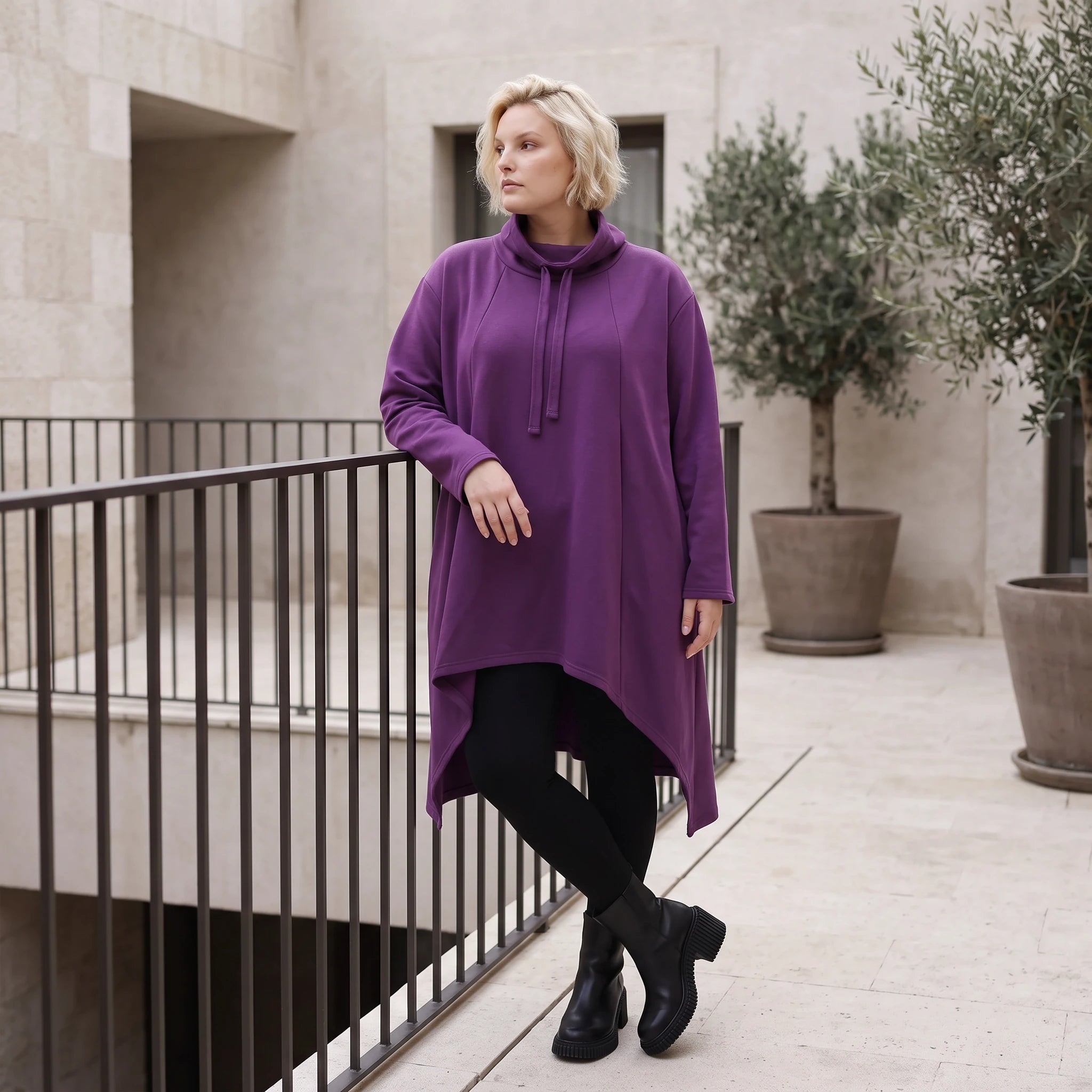 Damen Shirt Lagenlook Baumwolle Lila, Vokuhila, Langarm, Nahttaschen, Oversize große Größen – Rafay