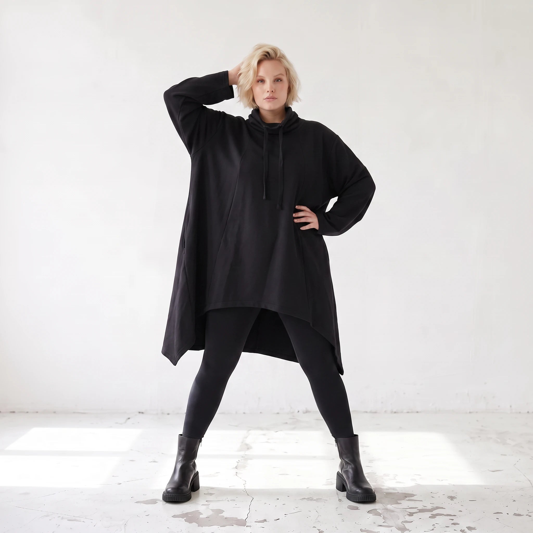 Damen Shirt Lagenlook Baumwolle Schwarz, Vokuhila, Langarm, Daumenloch, Oversize große Größen – Rafay