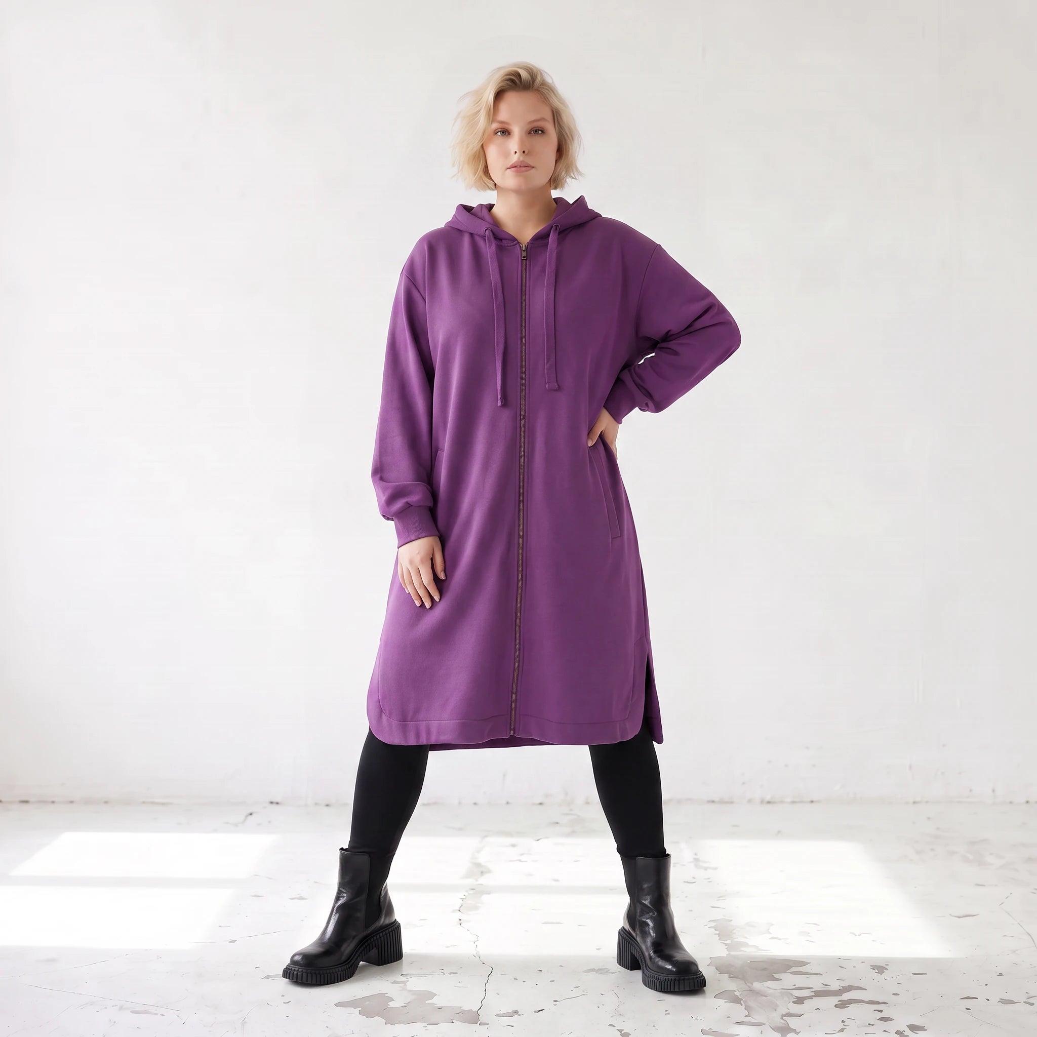 Damen Jacke Lagenlook Baumwolle Lila, gerader Schnitt, Langarm, Reißverschluss, Oversize große Größen – Rafay