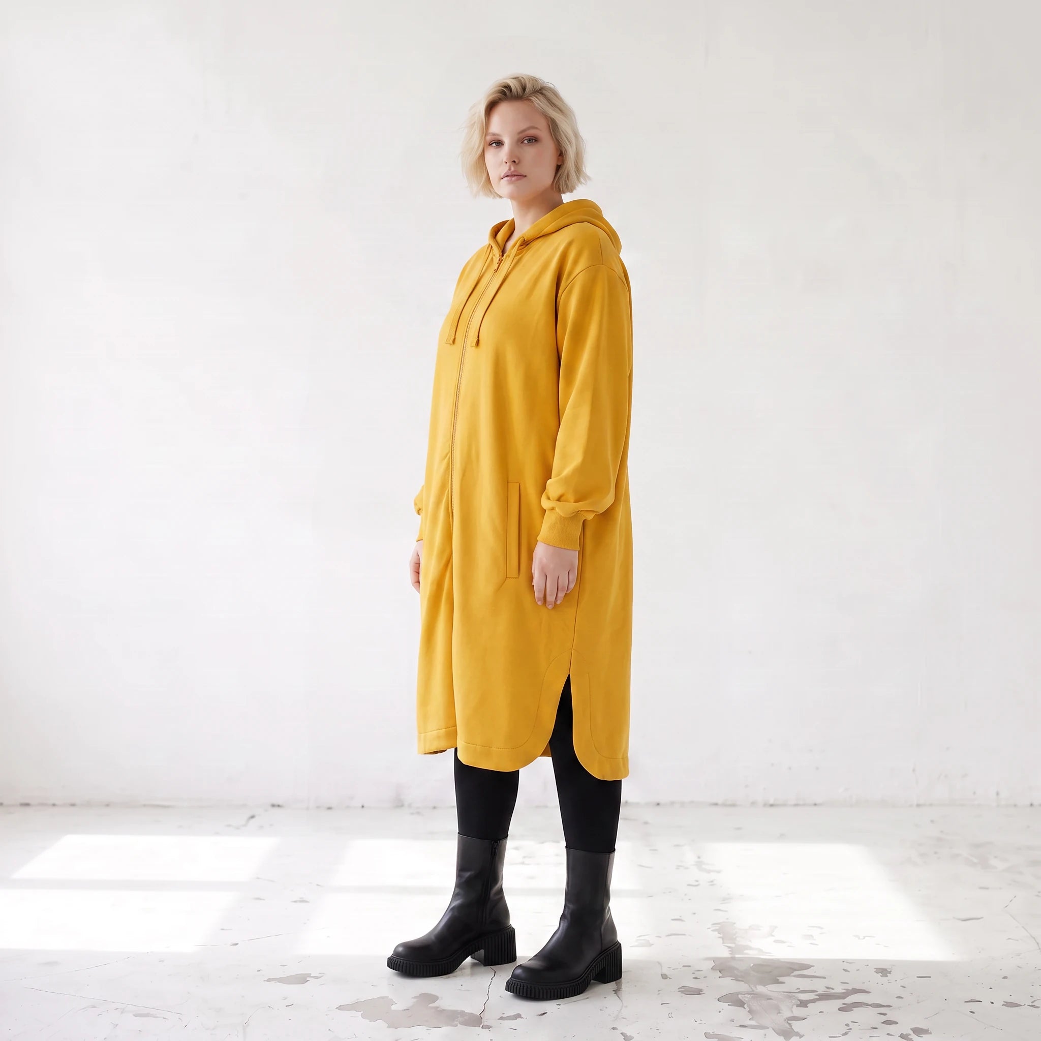 Kapuzenjacke in Senfgelb aus Baumwolle mit French Terry Fleece geradem Schnitt Basic