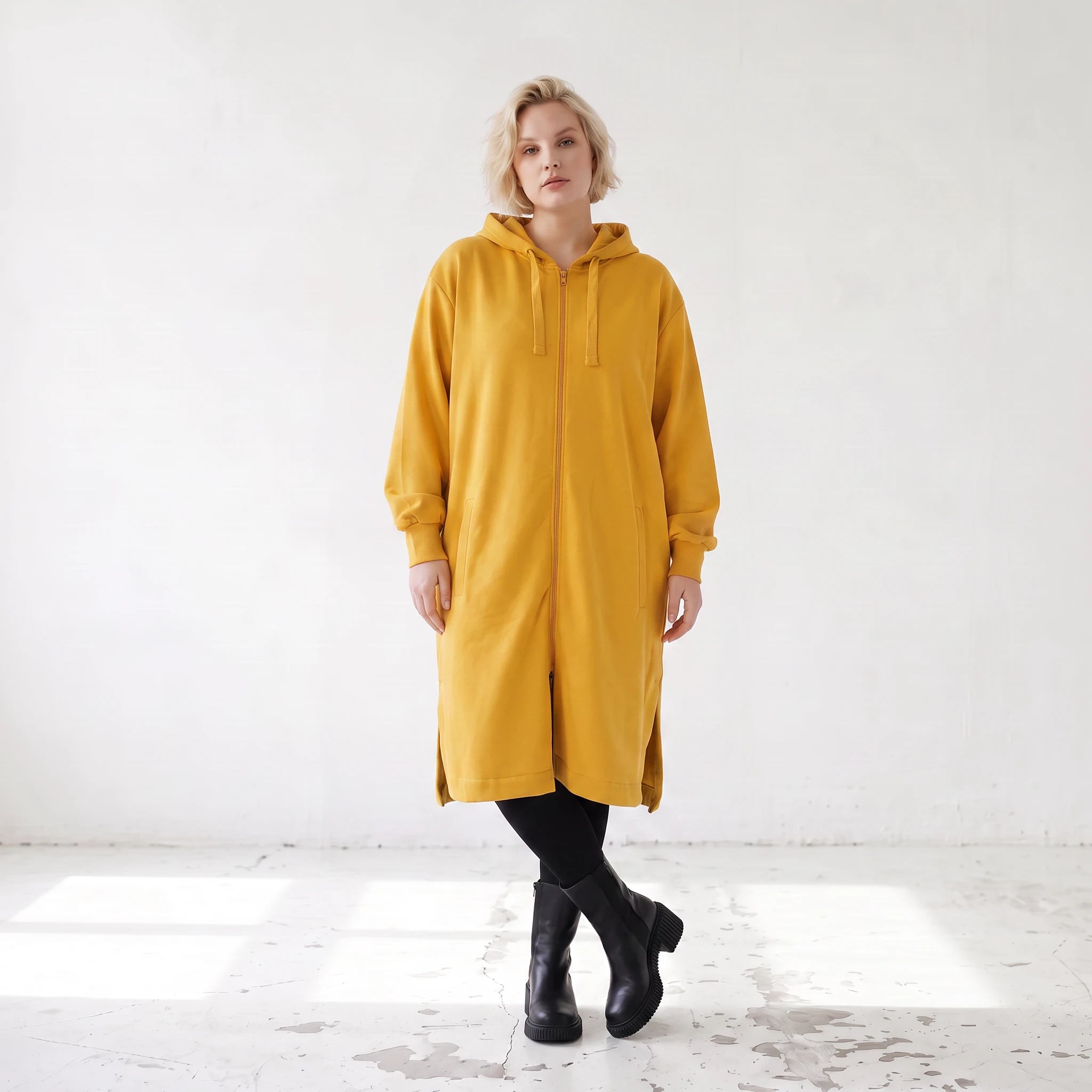 Kapuzenjacke in Senfgelb aus Baumwolle mit French Terry Fleece geradem Schnitt Basic