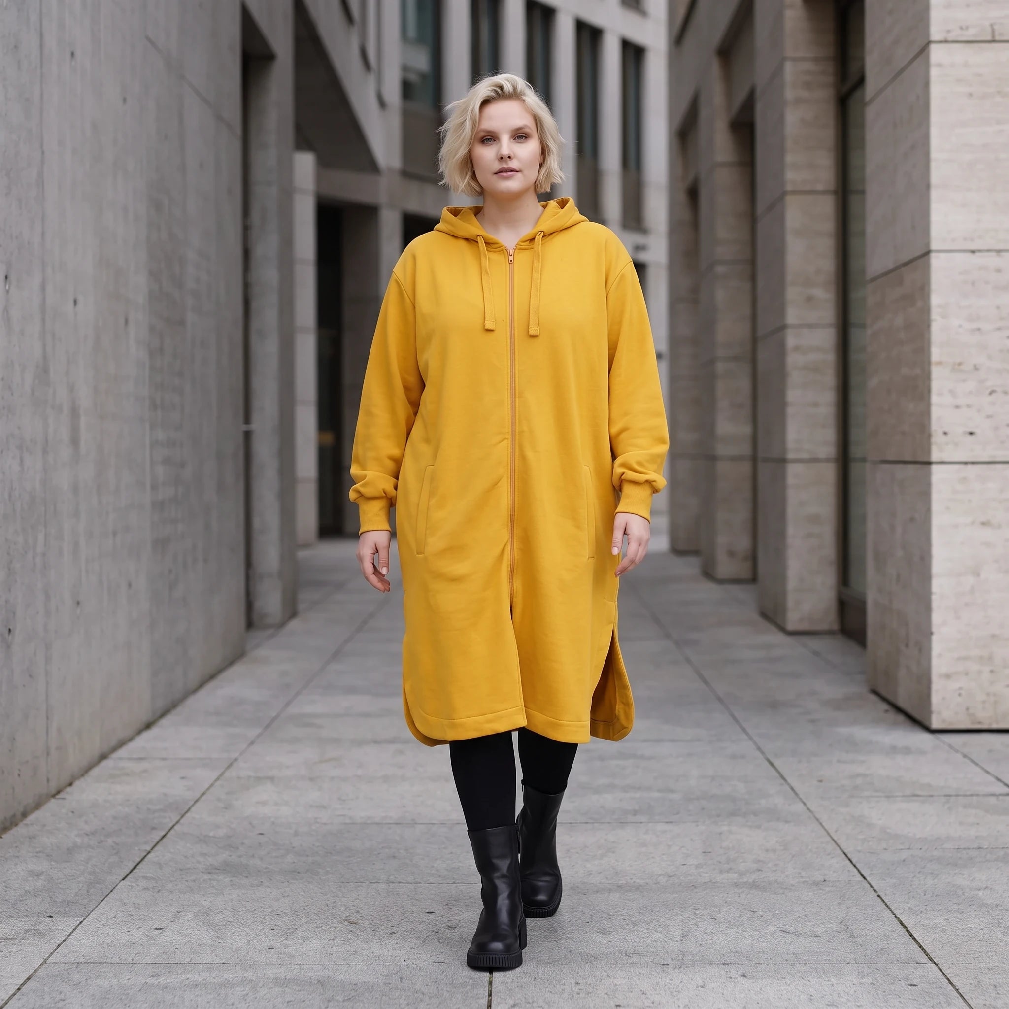 Kapuzenjacke in Senfgelb aus Baumwolle mit French Terry Fleece geradem Schnitt Basic