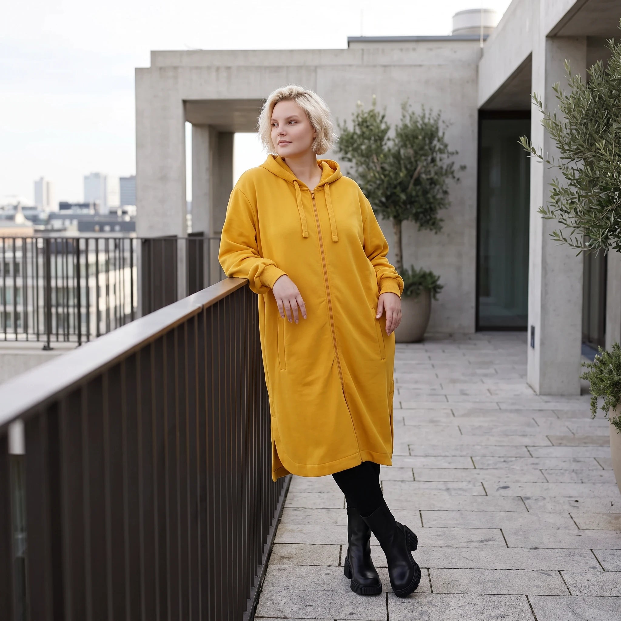 Kapuzenjacke in Senfgelb aus Baumwolle mit French Terry Fleece geradem Schnitt Basic