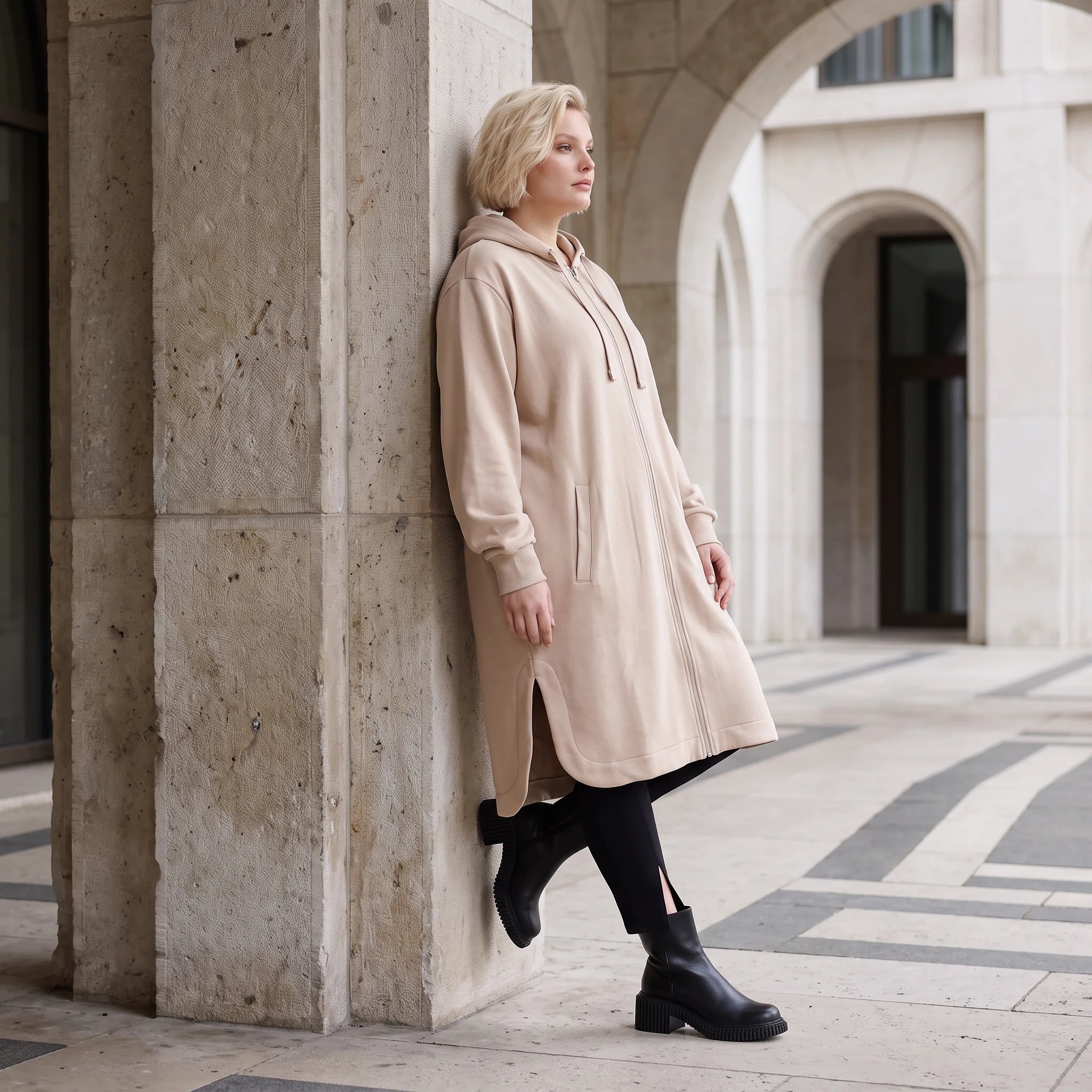 Sandfarbene weiche Kapuzenjacke aus French Terry mit Fleece-Innenseite gerade geschnitten