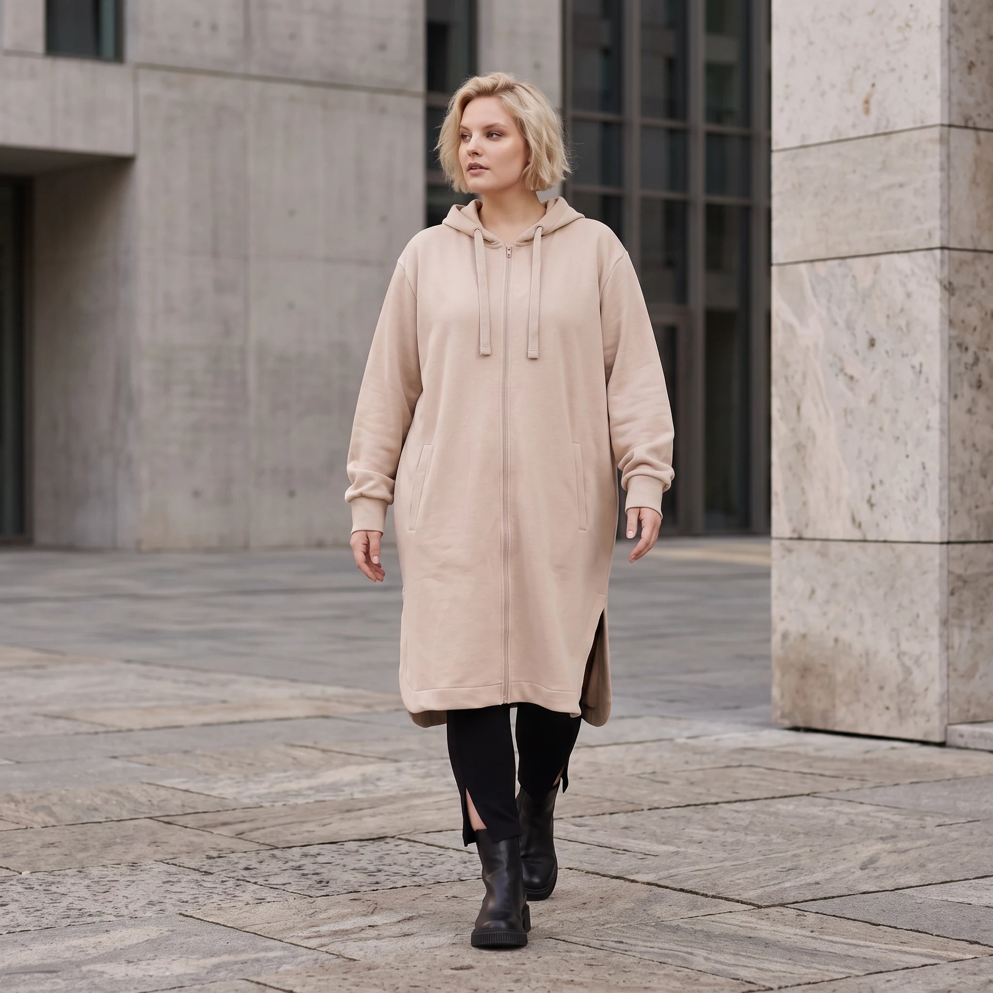 Sandfarbene weiche Kapuzenjacke aus French Terry mit Fleece-Innenseite gerade geschnitten
