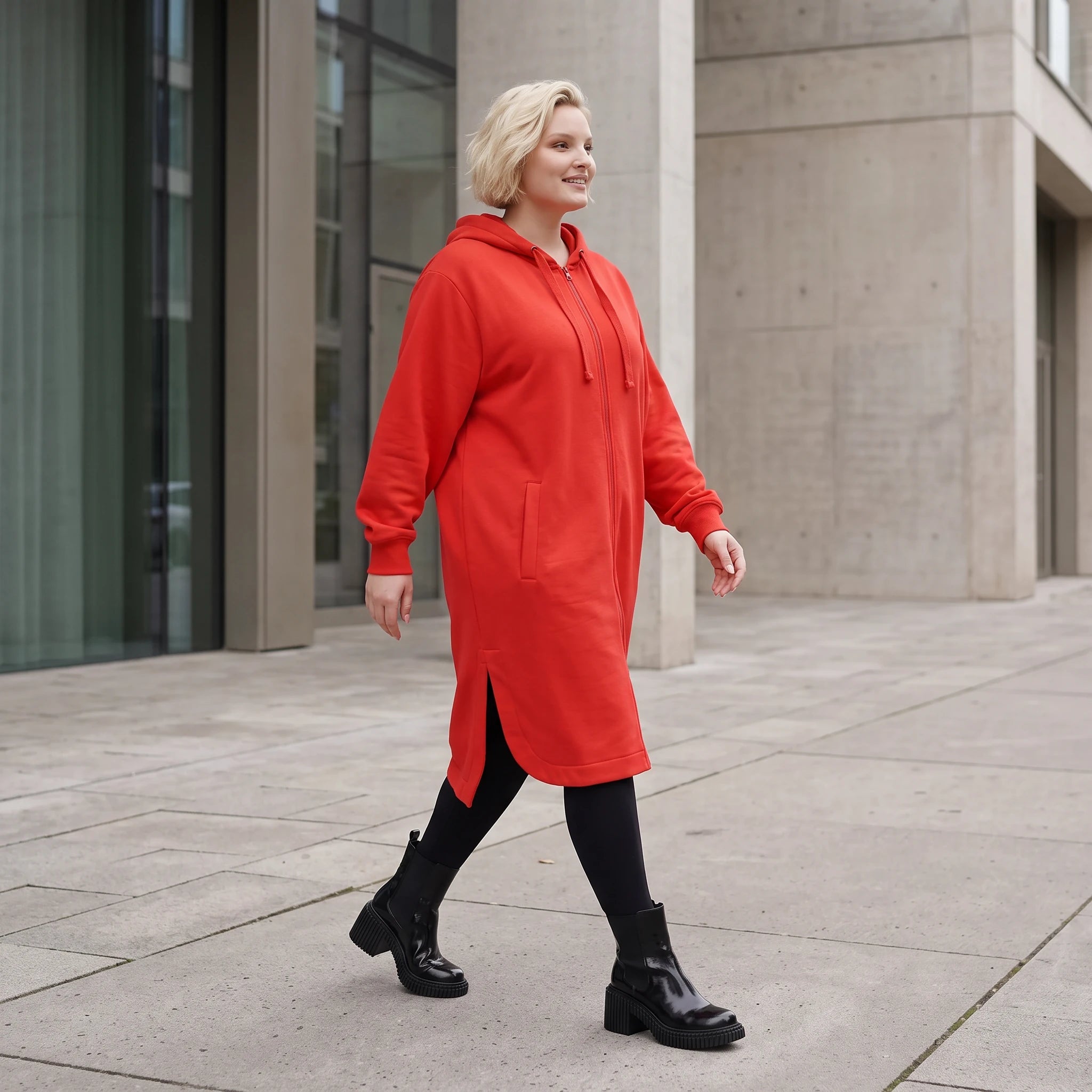 Rote Kapuzenjacke aus French Terry mit Reißverschluss Seitentaschen und geradem Schnitt