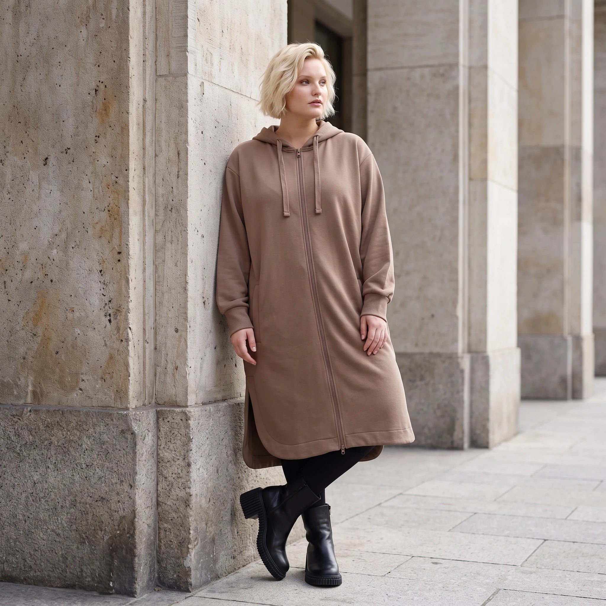 Braune Kapuzenjacke aus Baumwolle in French Terry mit Reißverschluss und Seitentaschen