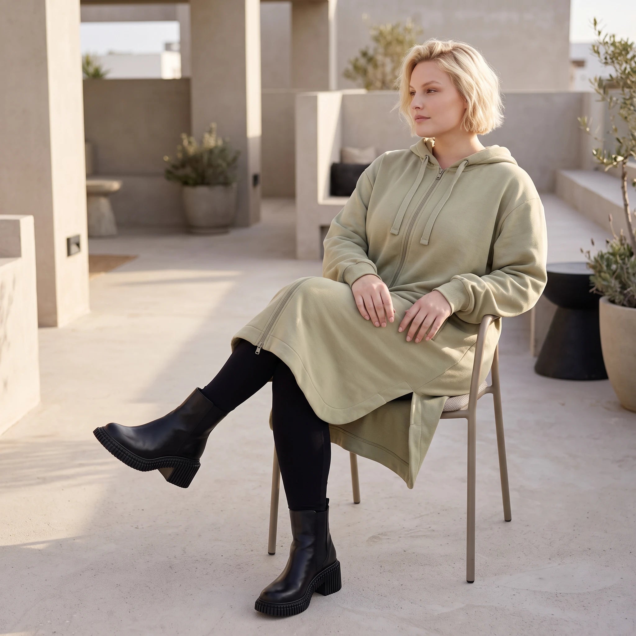 Beige Kapuzenjacke aus Baumwolle in French Terry Qualität mit Reißverschluss Taschen
