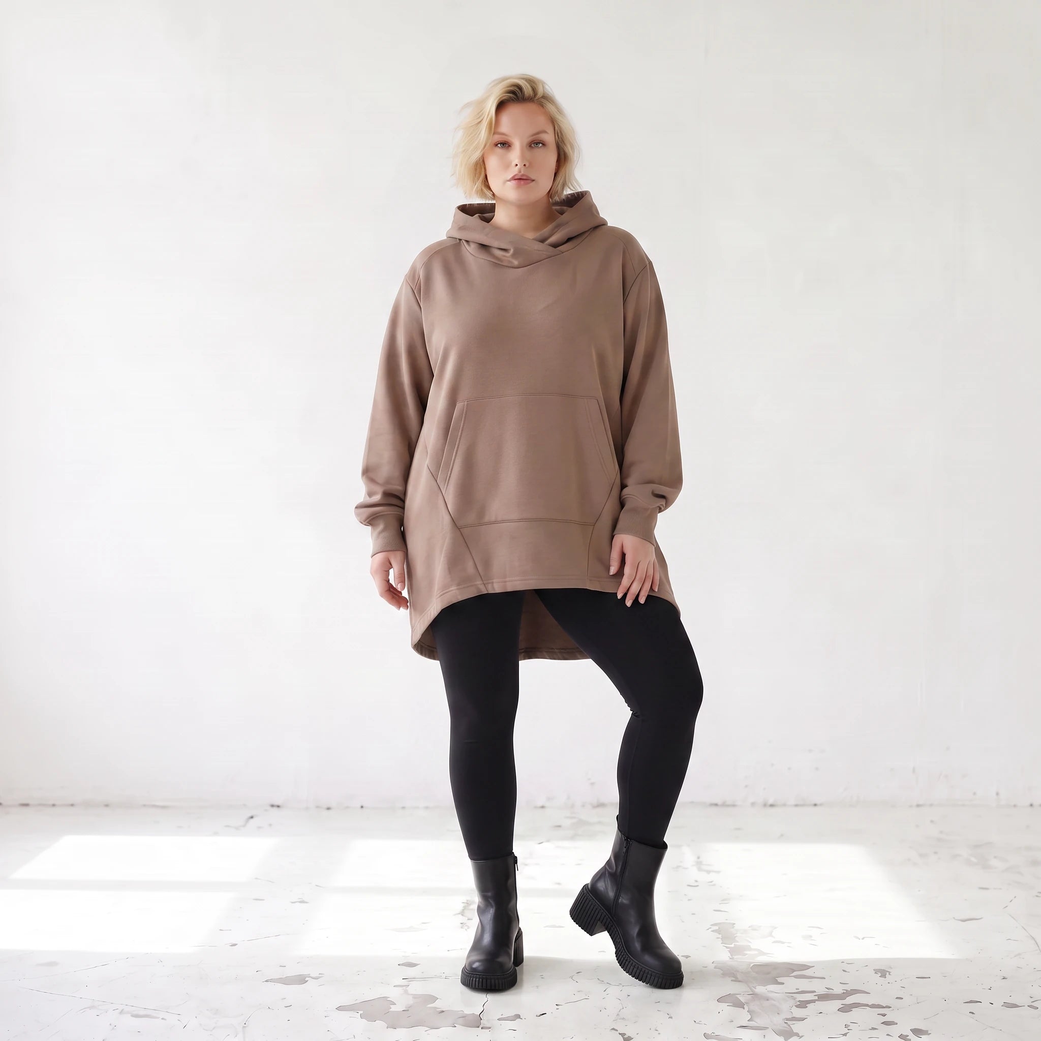 Damen Hoody Lagenlook Baumwolle Braun, gerundeter Schnitt, Kapuze, Oversize große Größen – Rafay