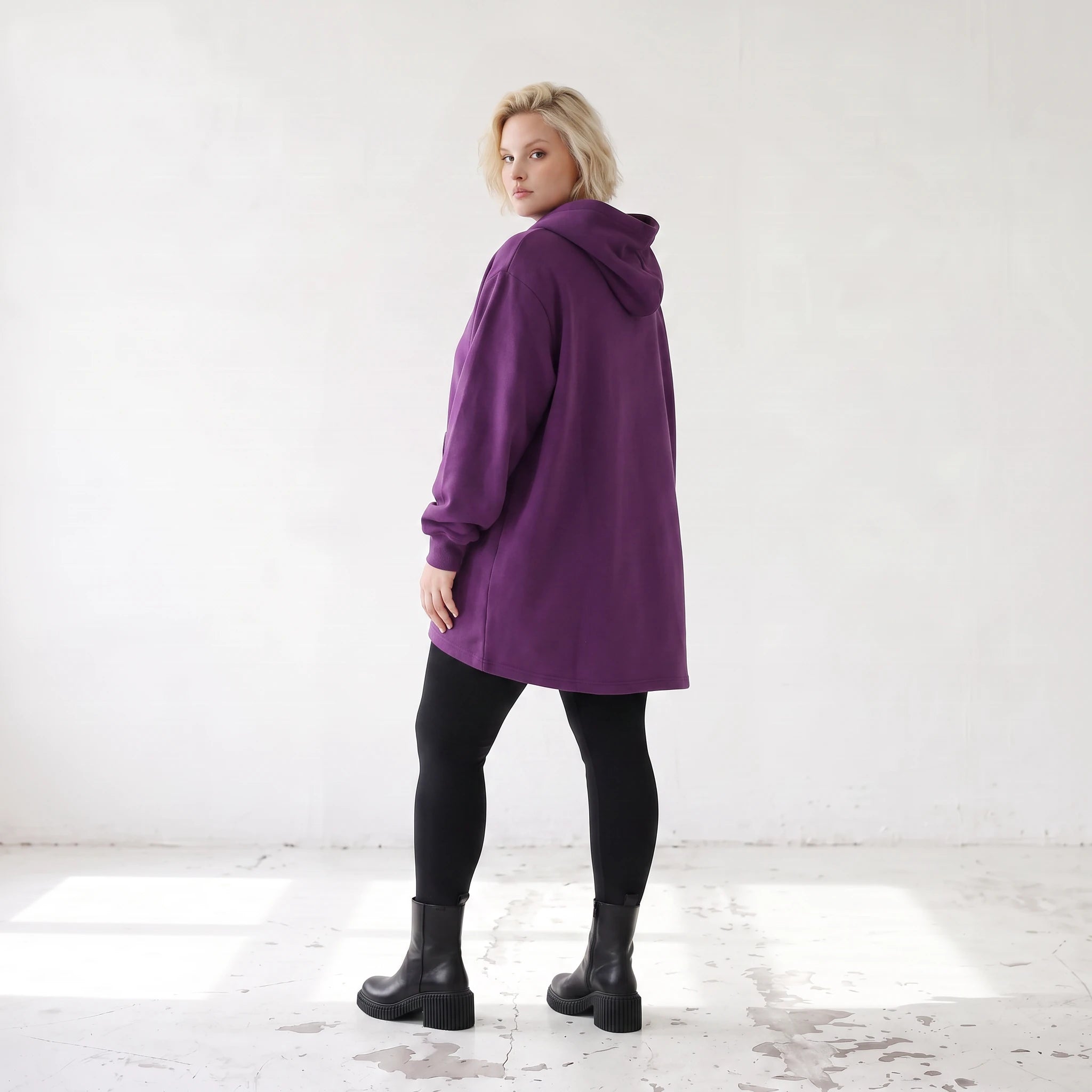 Damen Hoody Lagenlook Baumwolle Lila, gerundeter Schnitt, 7/8-Arm, Kängurutasche, Oversize große Größen – Rafay