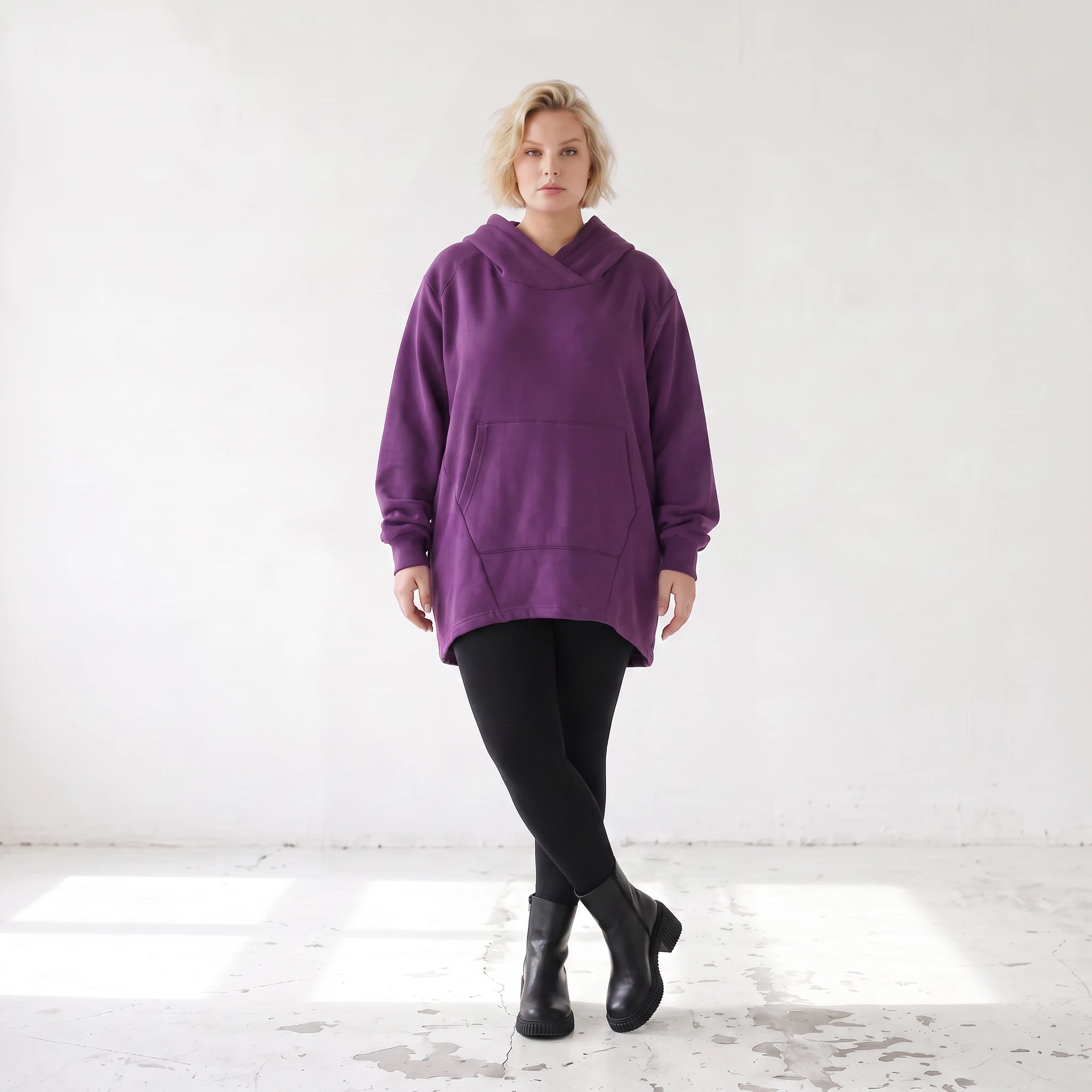 Damen Hoody Lagenlook Baumwolle Lila, gerundeter Schnitt, 7/8-Arm, Kängurutasche, Oversize große Größen – Rafay