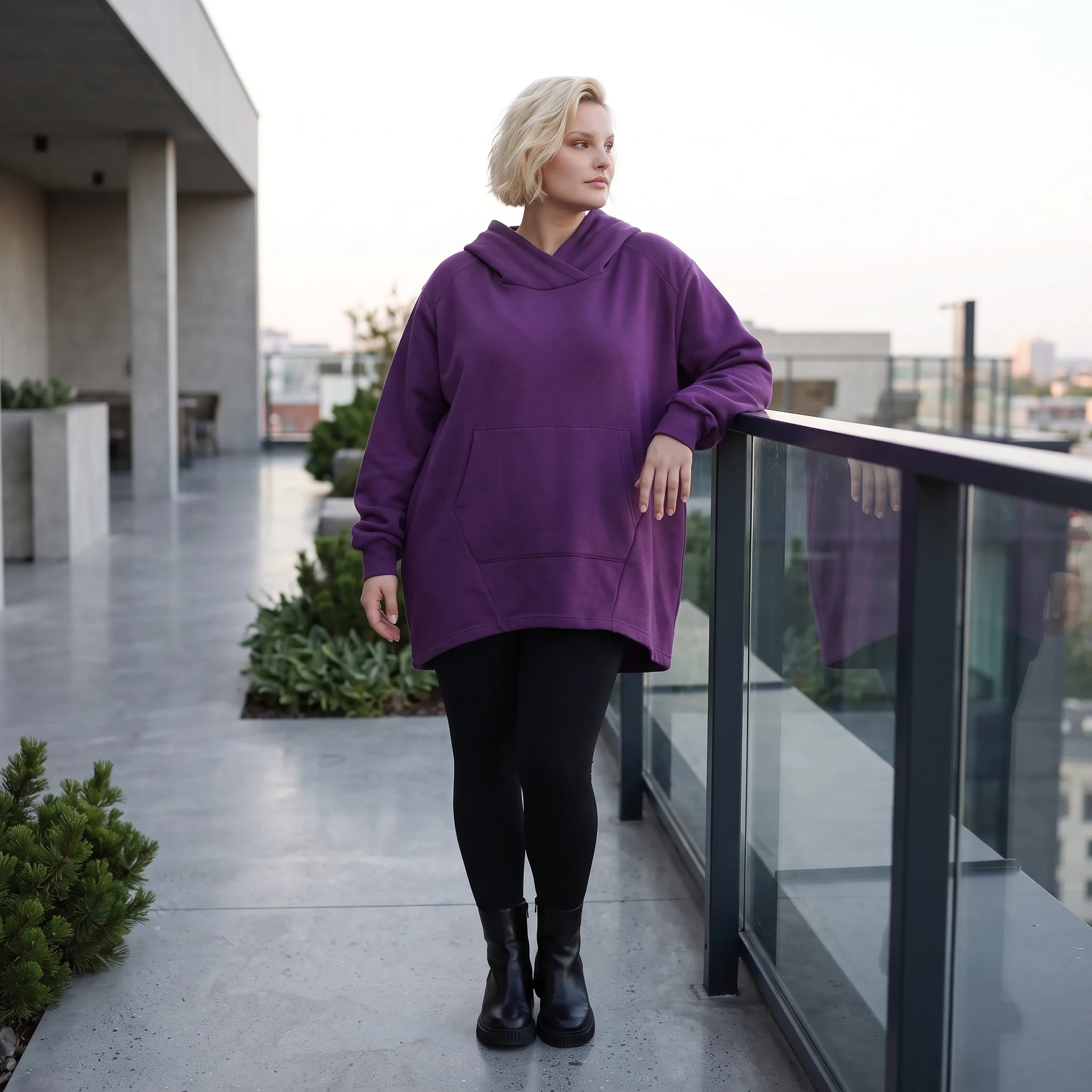 Damen Hoody Lagenlook Baumwolle Lila, gerundeter Schnitt, 7/8-Arm, Kängurutasche, Oversize große Größen – Rafay