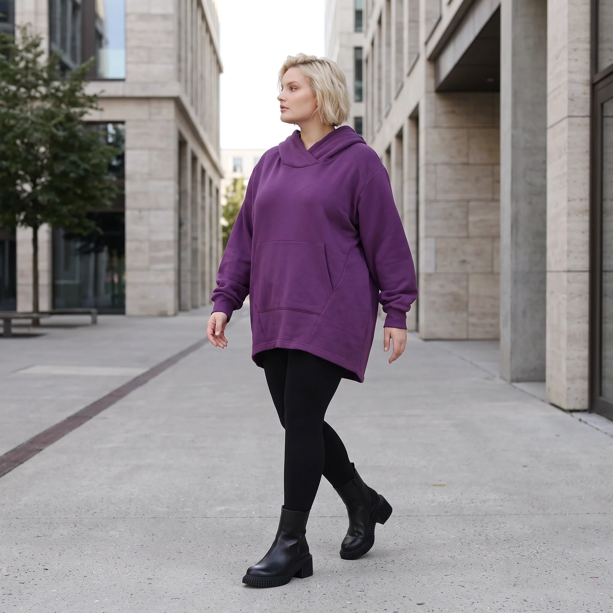 Damen Hoody Lagenlook Baumwolle Lila, gerundeter Schnitt, 7/8-Arm, Kängurutasche, Oversize große Größen – Rafay