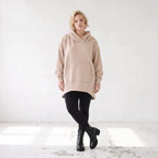 Damen Hoody Lagenlook Baumwolle Sand, gerundeter Schnitt, 7/8-Arm, Kängurutasche, Oversize große Größen – Rafay