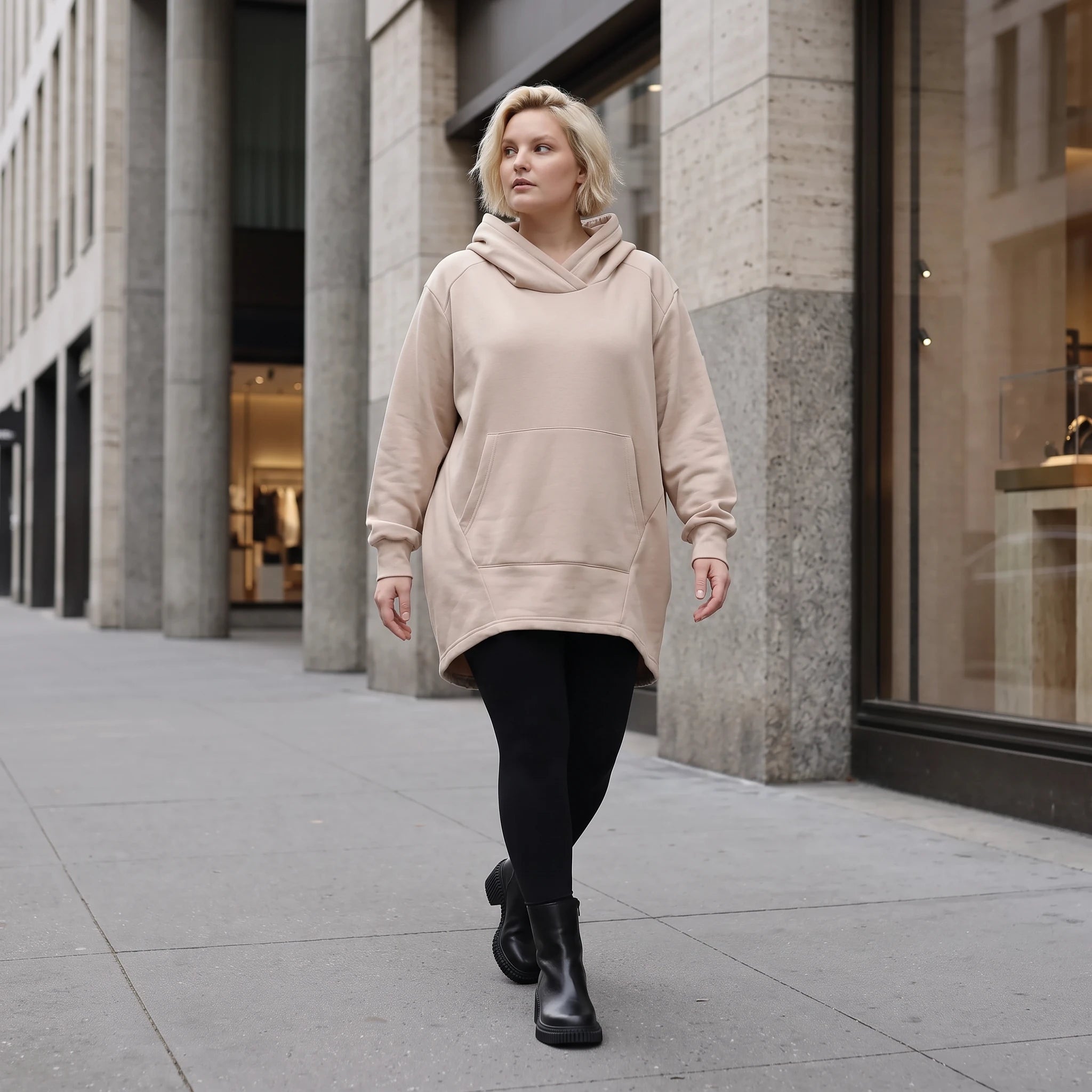 Damen Hoody Lagenlook Baumwolle Sand, gerundeter Schnitt, 7/8-Arm, Kängurutasche, Oversize große Größen – Rafay
