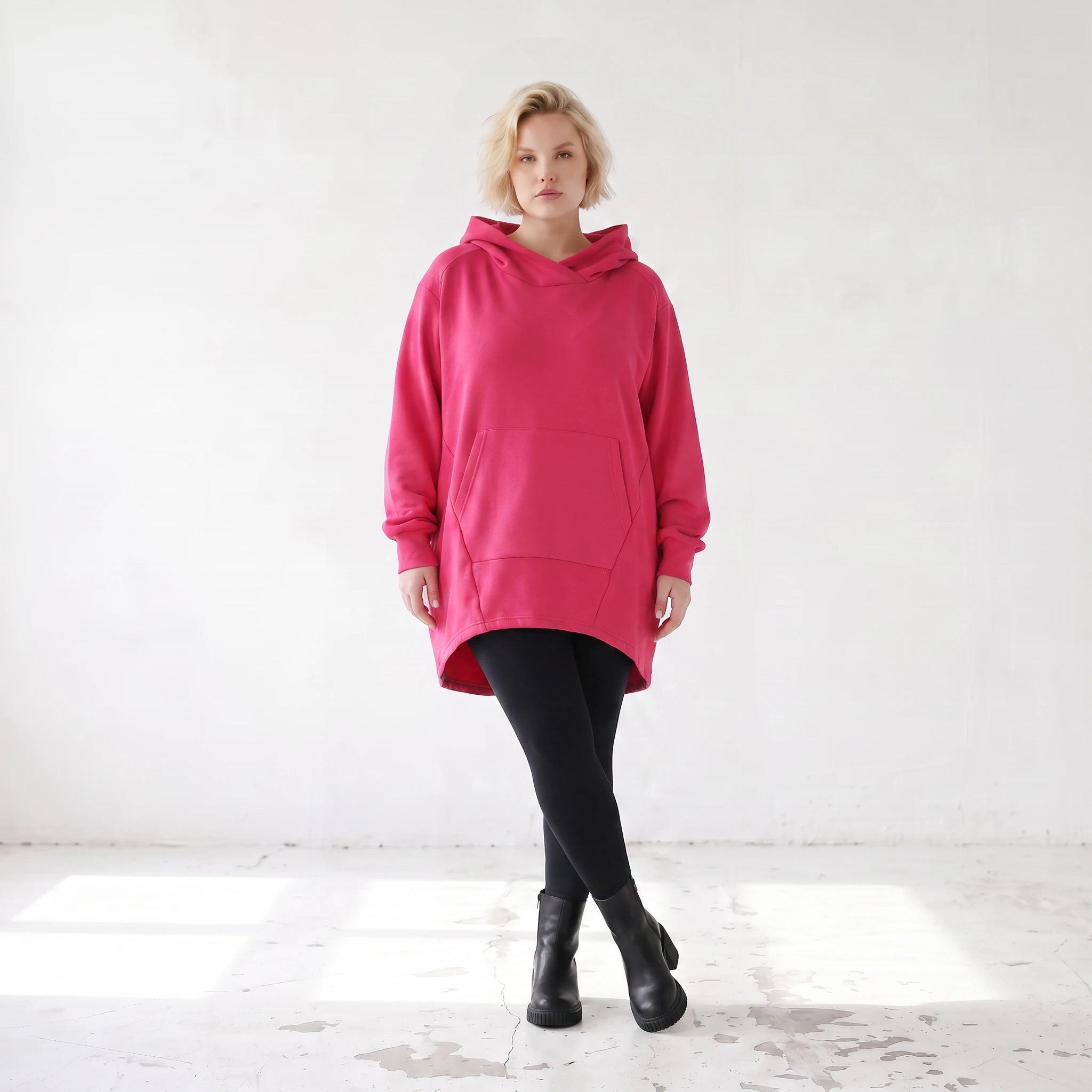 Damen Hoody Lagenlook Baumwolle Pink, gerundeter Schnitt, Kängurutasche, Oversize große Größen – Rafay