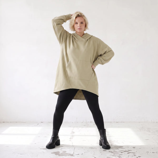 Damen Hoody Lagenlook Baumwolle Beige, gerundeter Schnitt, 7/8-Arm, Kängurutasche, Oversize große Größen – Rafay