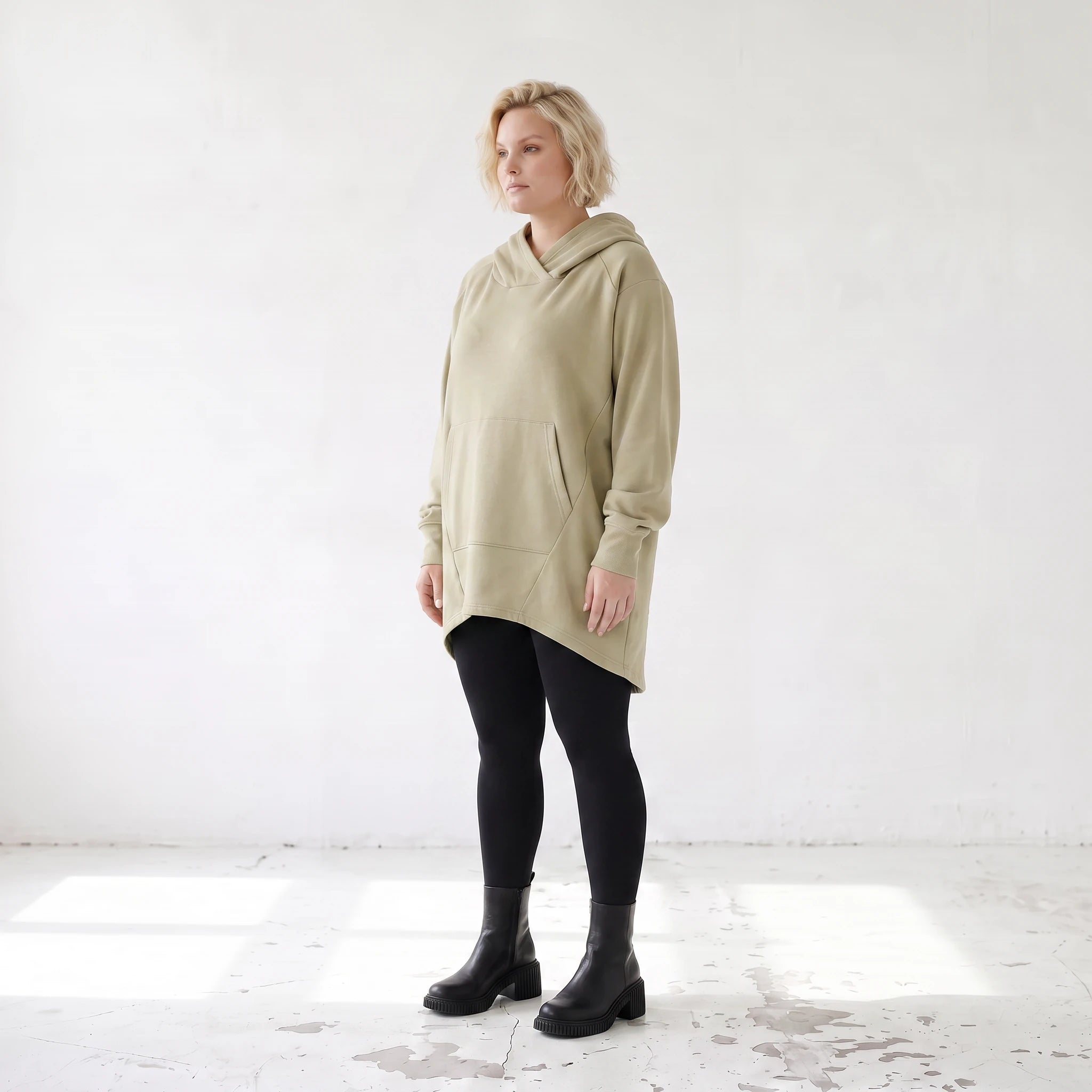 Damen Hoody Lagenlook Baumwolle Beige, gerundeter Schnitt, 7/8-Arm, Kängurutasche, Oversize große Größen – Rafay