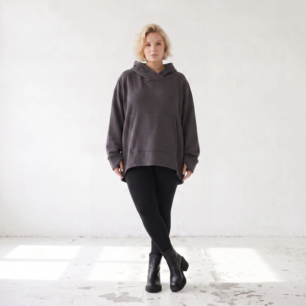 Damen Hoody Lagenlook Baumwolle Dunkelgrau, gerundeter Schnitt, Kängurutasche, Oversize große Größen – Rafay
